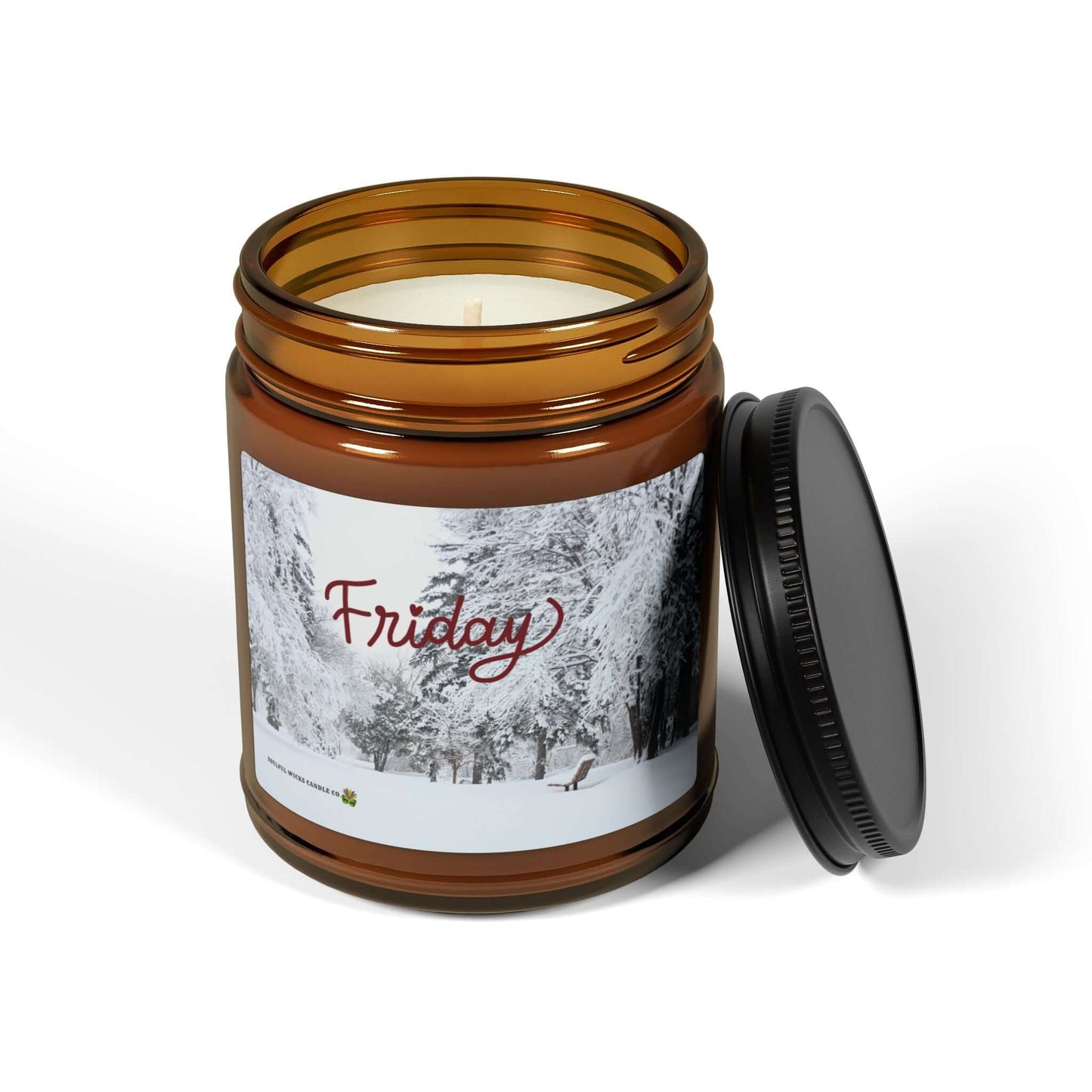 Friday Vibes Scented Soy Candle in amber glass jar with a black lid, perfect for cozy evenings.