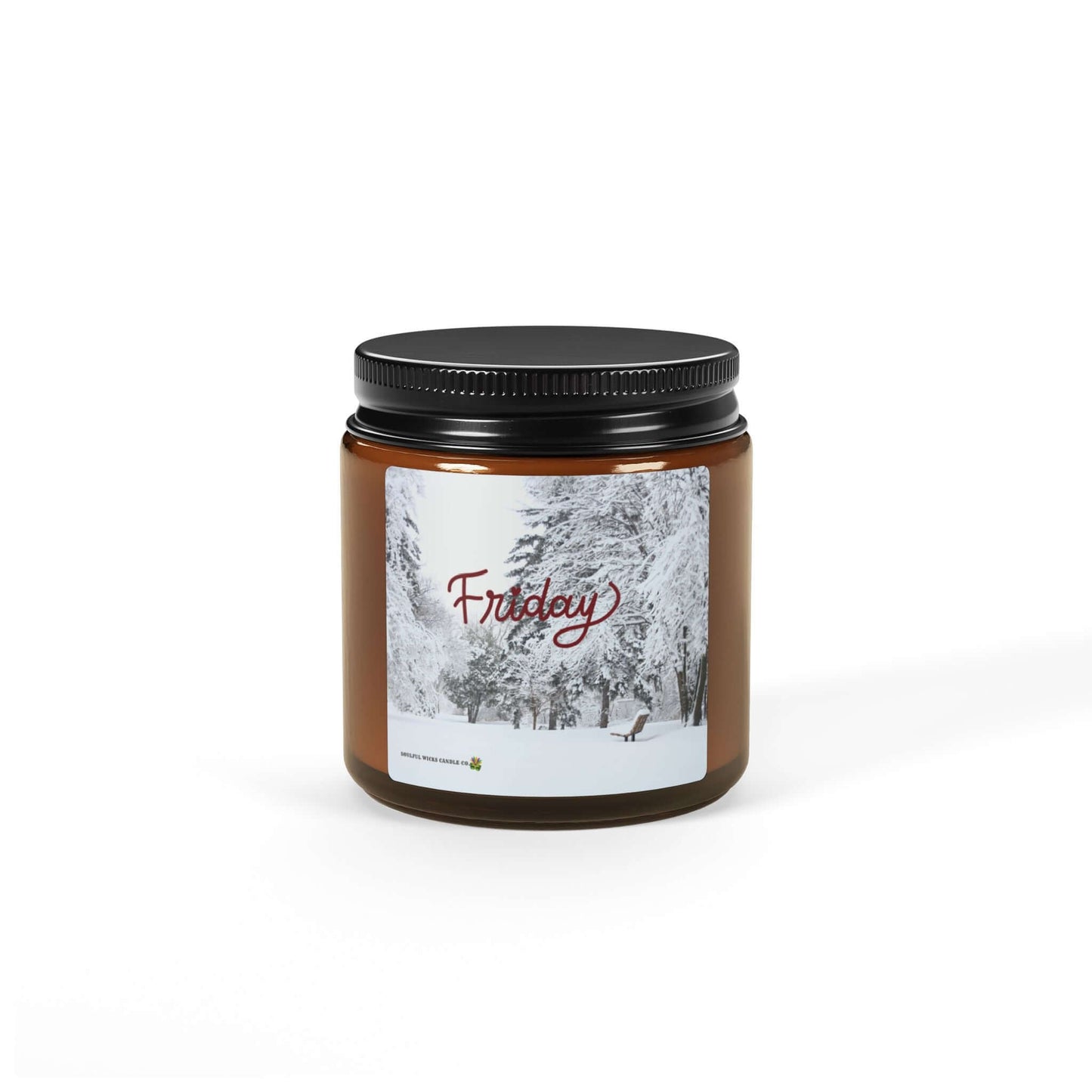 Friday Vibes Scented Soy Candle in amber glass jar with wintry design and cozy vibe.