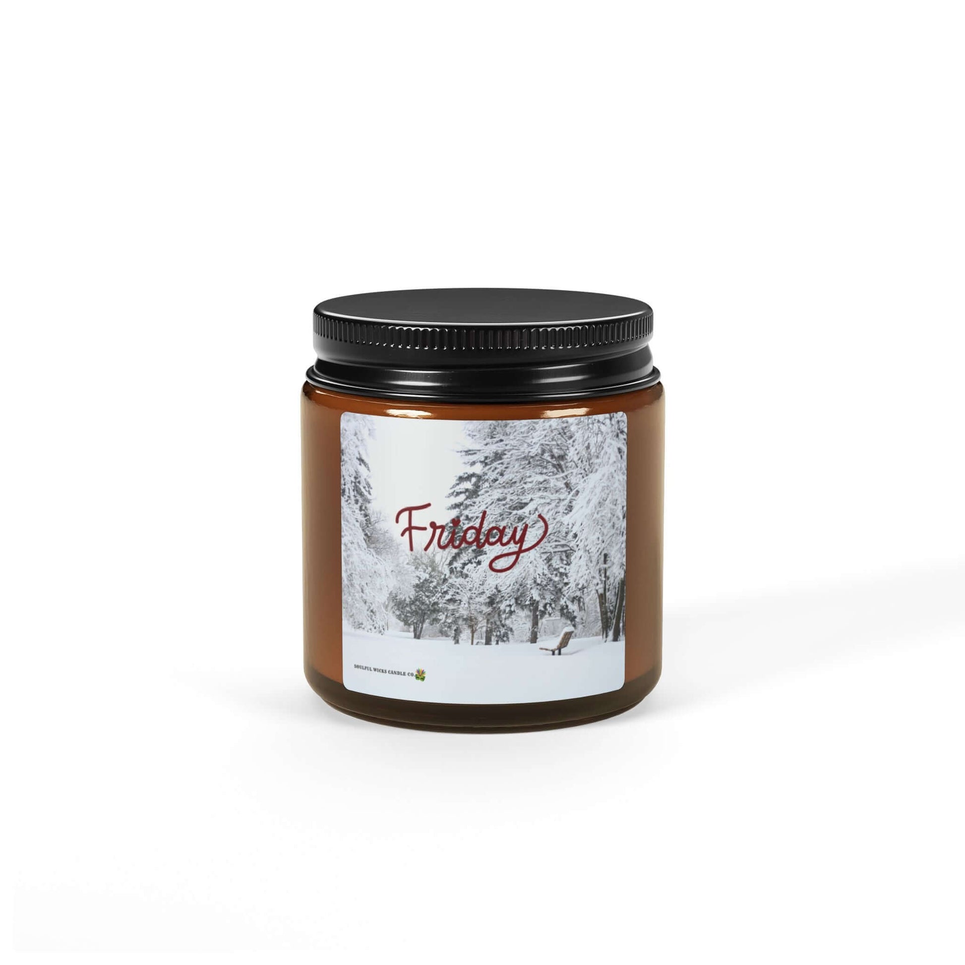 Friday Vibes Scented Soy Candle in amber glass jar with wintry design and cozy vibe.
