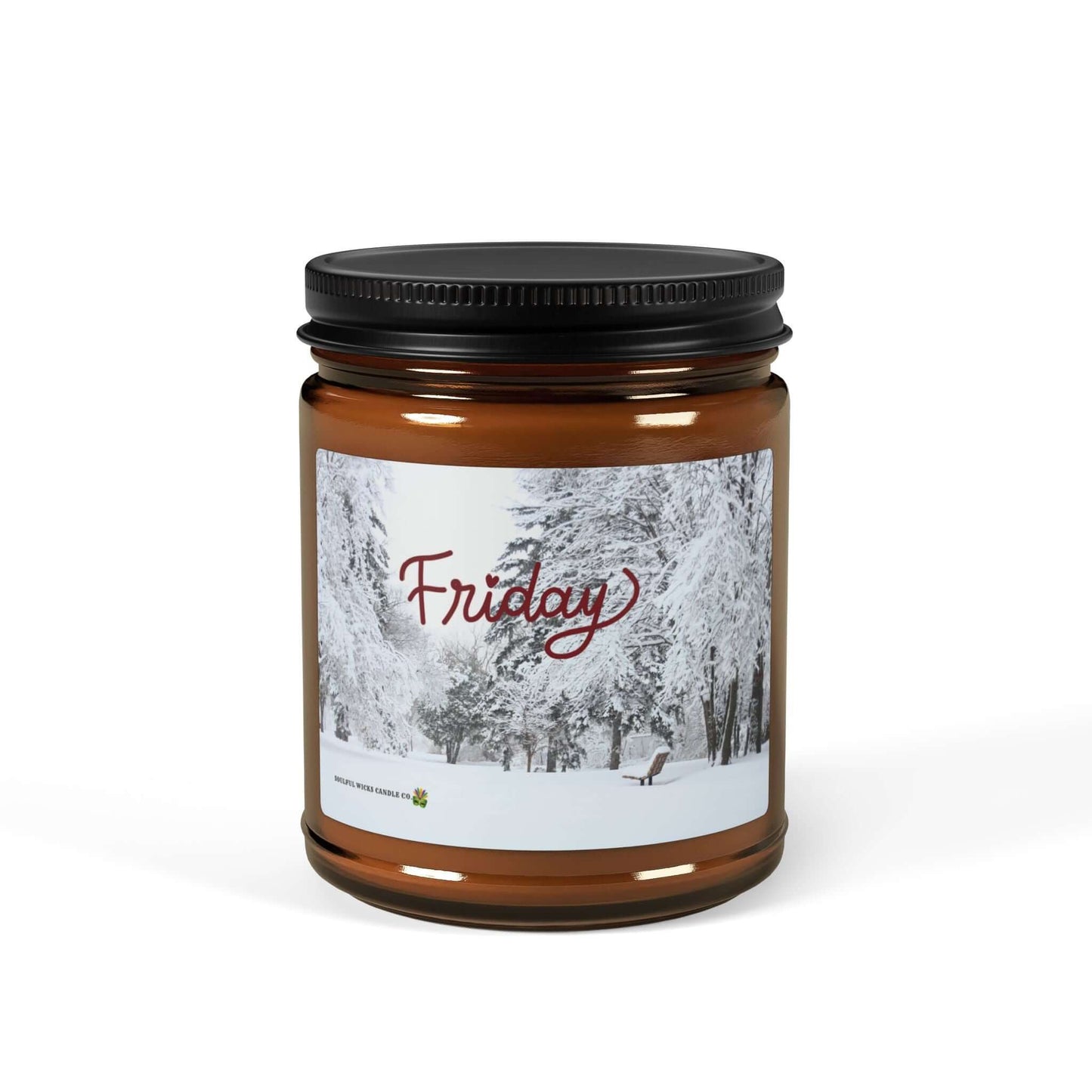Friday Vibes Scented Soy Candle in amber glass, with snowy background and black lid, perfect for cozy evenings.
