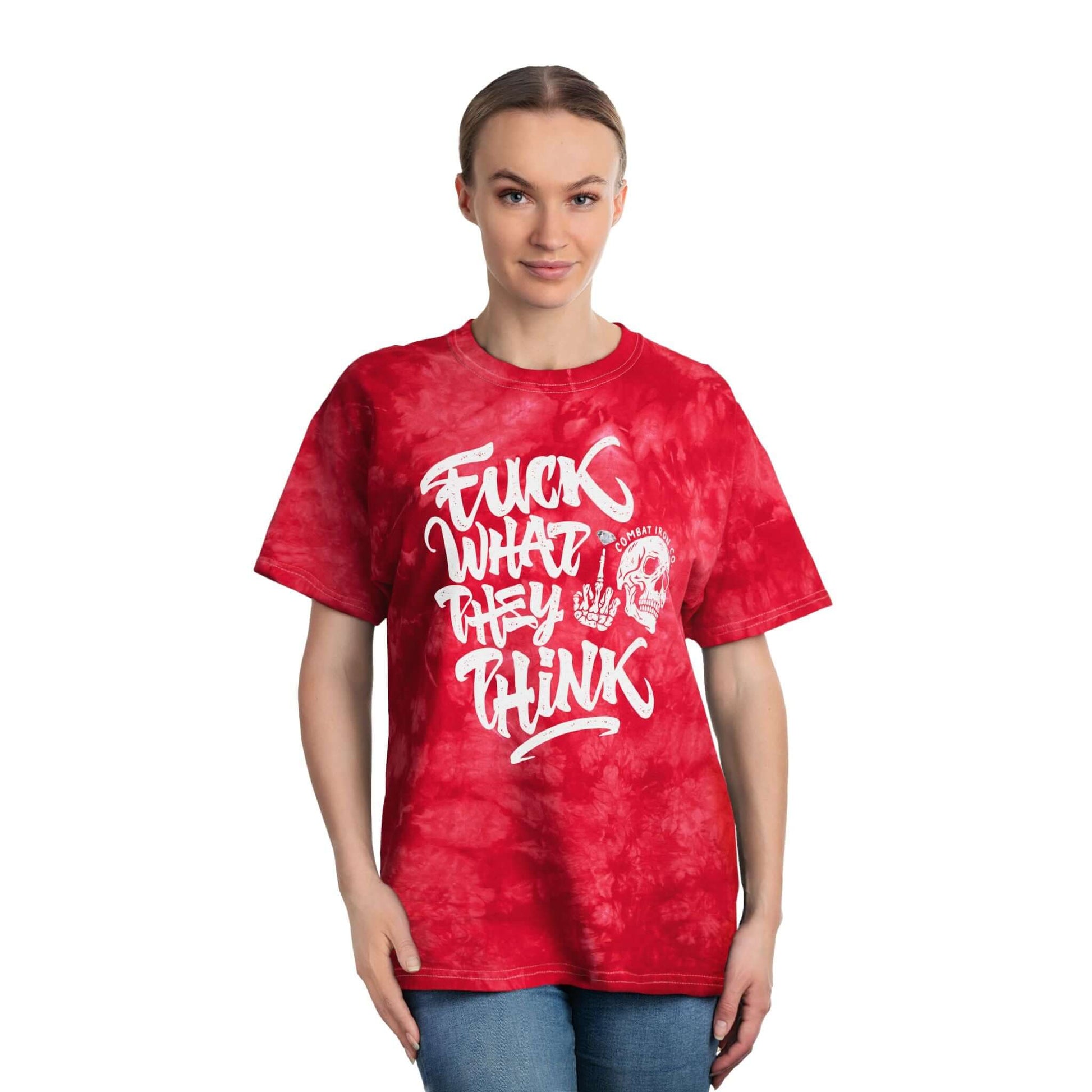 The Motto Tie-Dye Graphic Streetwear Tee in red featuring bold graphic and "Fuck What They Think" slogan.