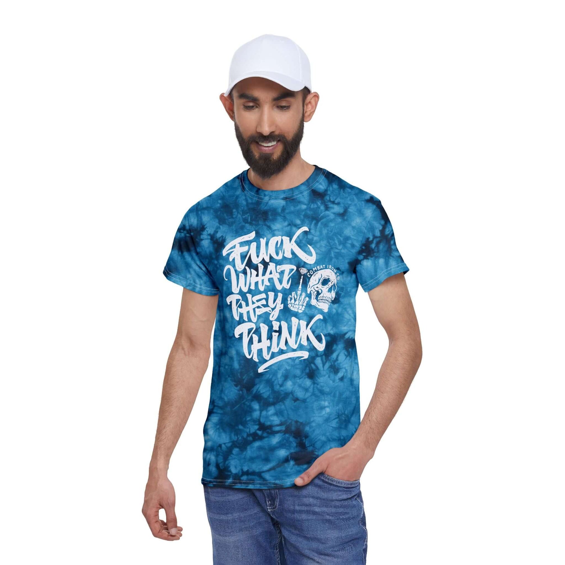 The Motto Tie-Dye Graphic Streetwear Tee featuring bold 'Fuck What They Think' graphic in blue tie-dye.