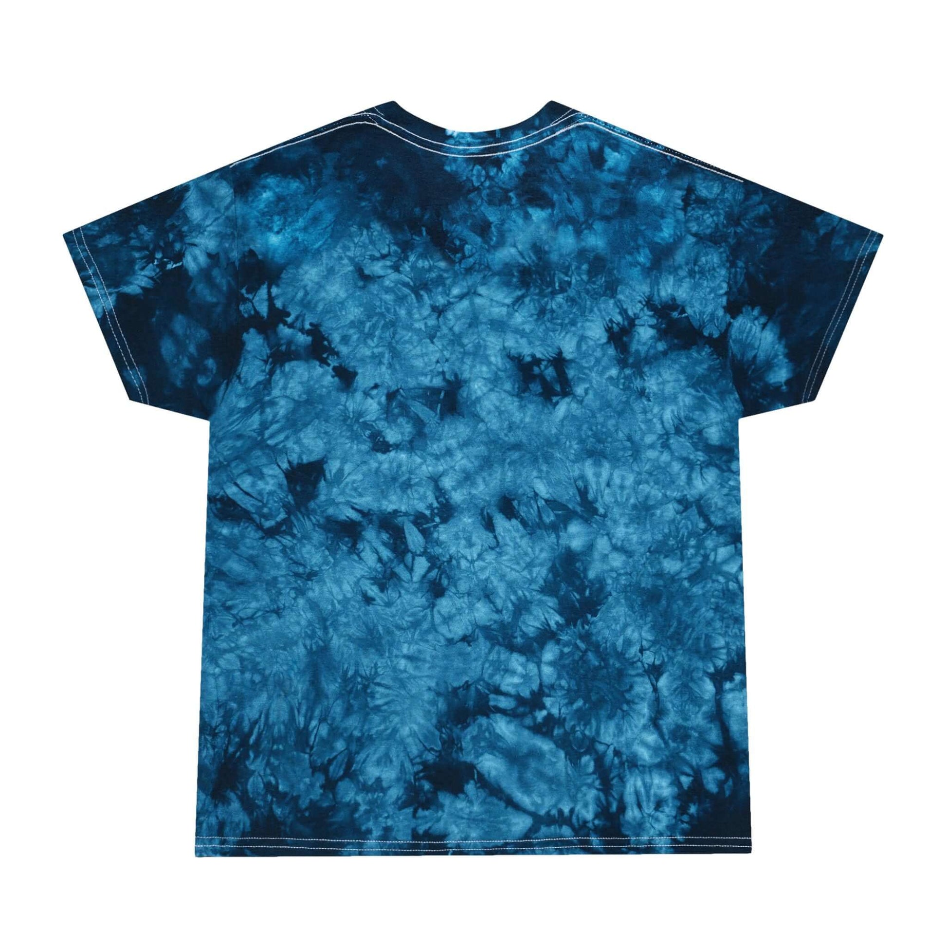 The Motto Tie-Dye Graphic Streetwear Tee back view featuring bold blue tie-dye pattern.