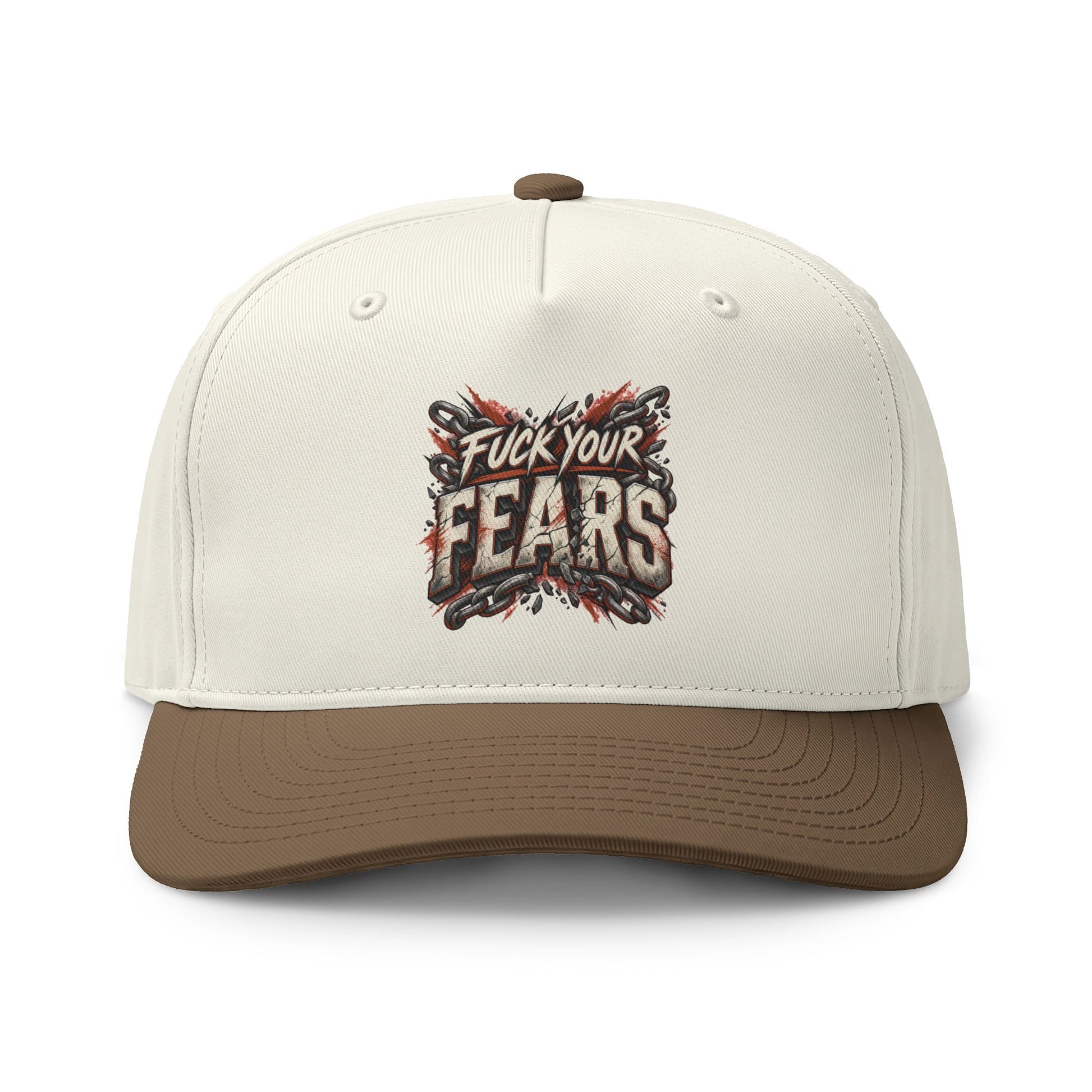 A structured baseball cap with an off-white crown and a brown visor, featuring a graphic print on the front that reads 'Fuck Your Fears' in distressed lettering with red and black splatter details.