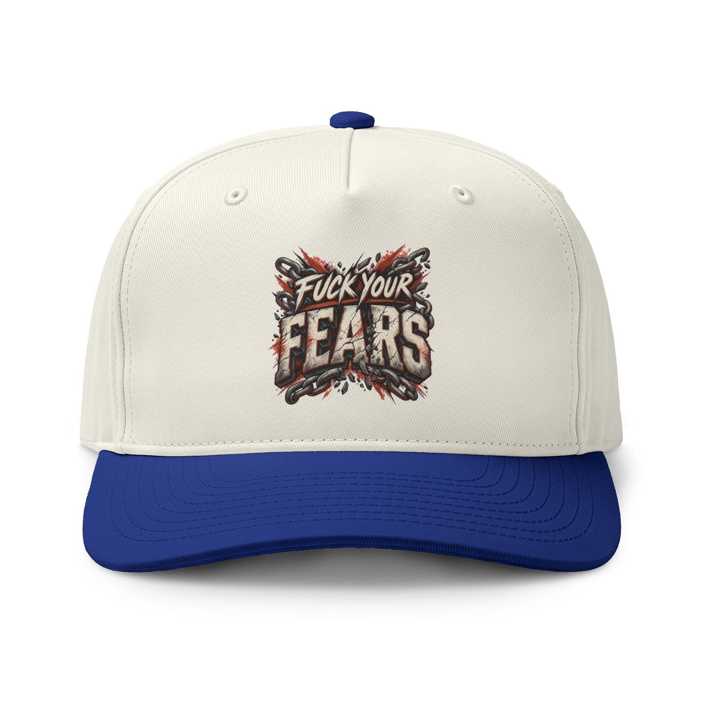 An off-white baseball cap with a royal blue visor and blue button, featuring a graphic on the front that reads 'Fuck Your Fears' in distressed lettering with red and black splatter details.