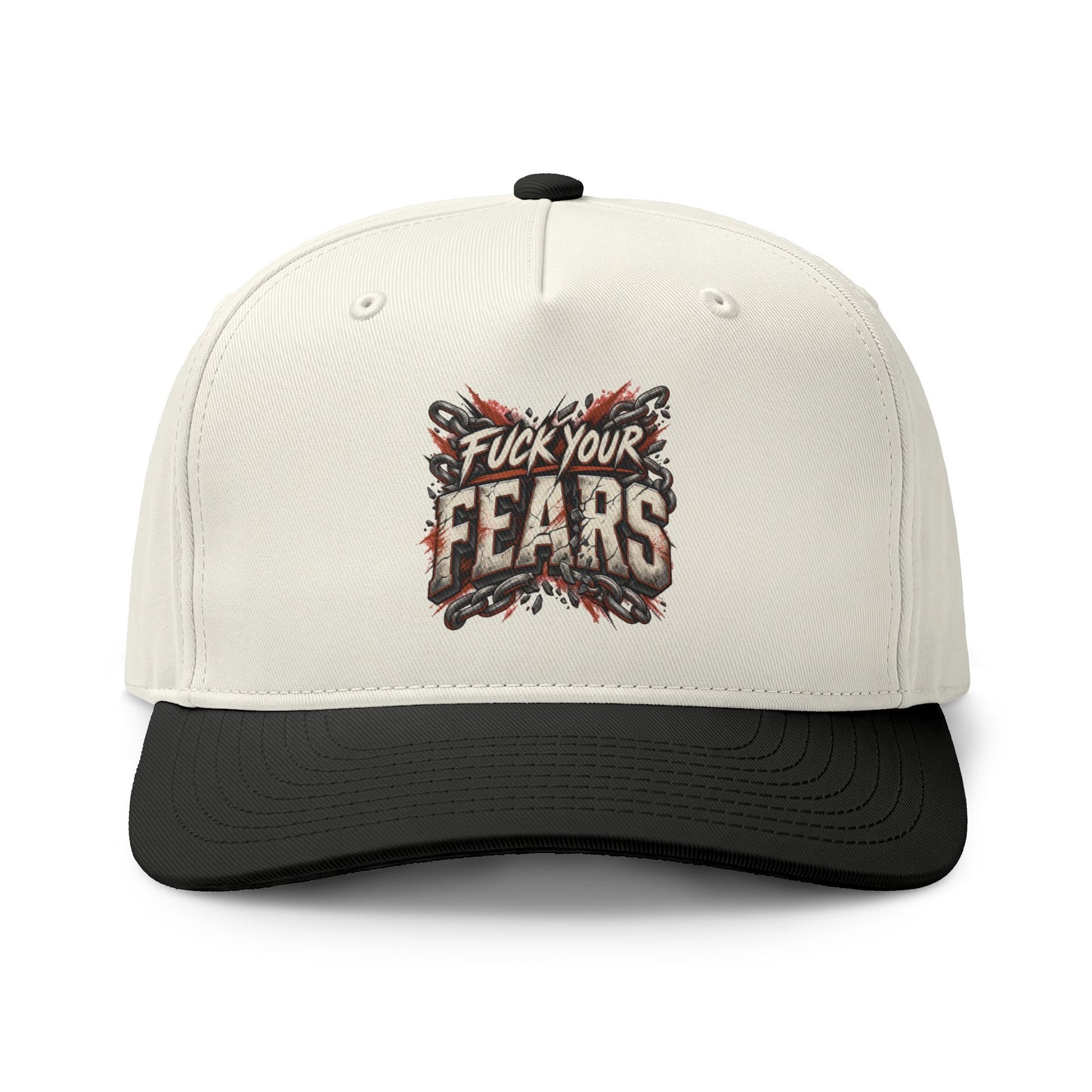 A structured baseball cap with an off-white crown and a black curved brim, featuring a graphic print on the front that reads 'Fuck Your Fears' in distressed lettering with red and black splatter details.