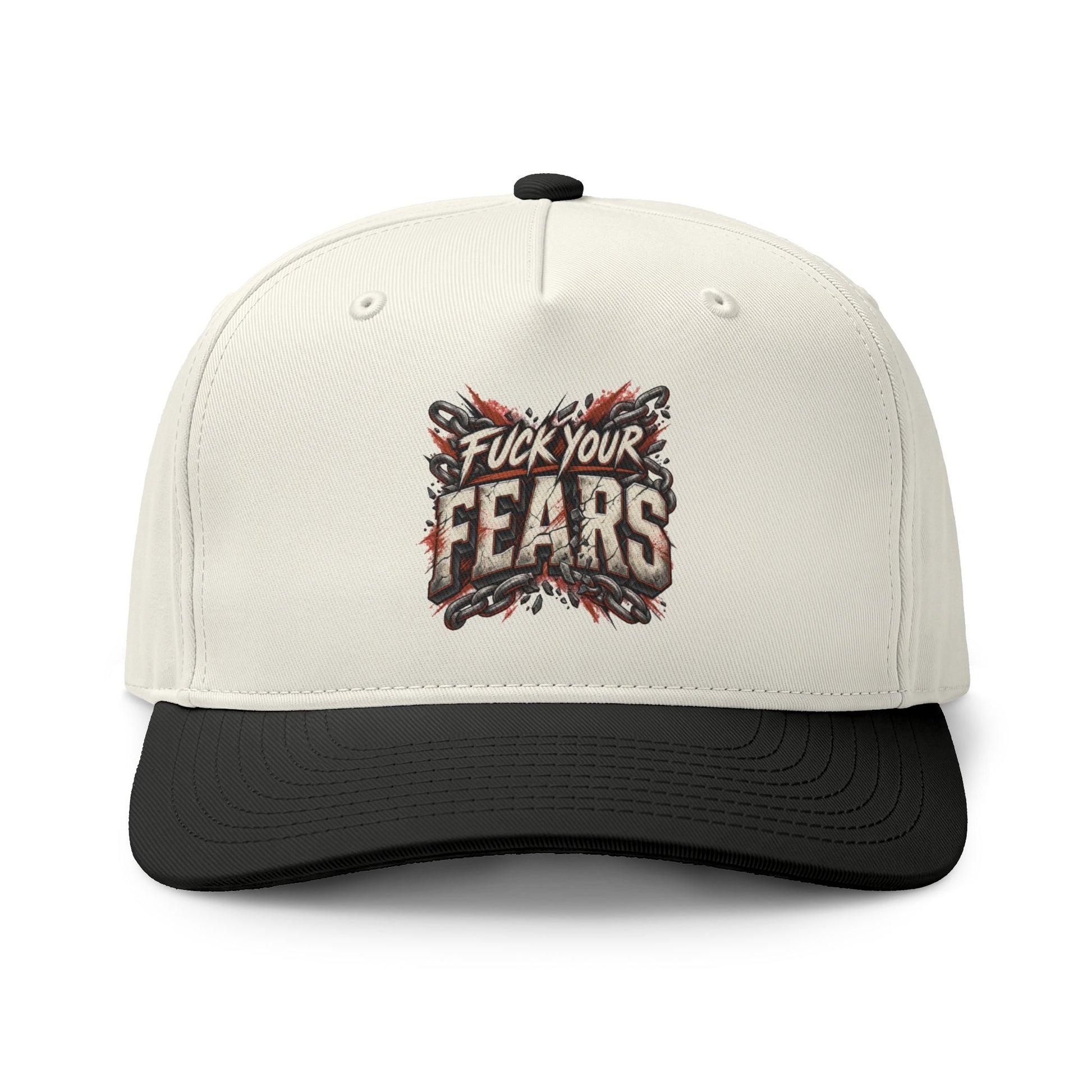 A structured baseball cap with an off-white crown and a black curved brim, featuring a graphic print on the front that reads 'Fuck Your Fears' in distressed lettering with red and black splatter details.