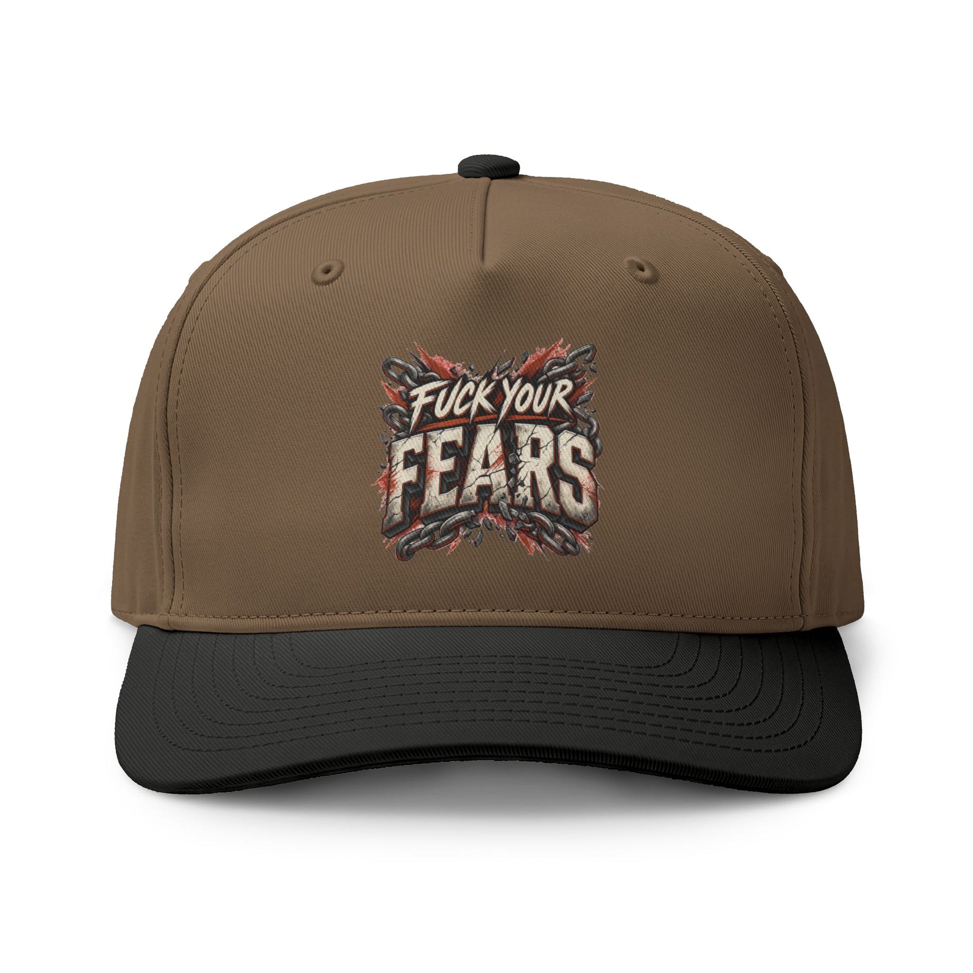 A structured baseball cap with a brown crown and a black curved brim, featuring a graphic on the front that reads 'FUCK YOUR FEARS' in distressed white lettering over a red, black, and gray textured background.