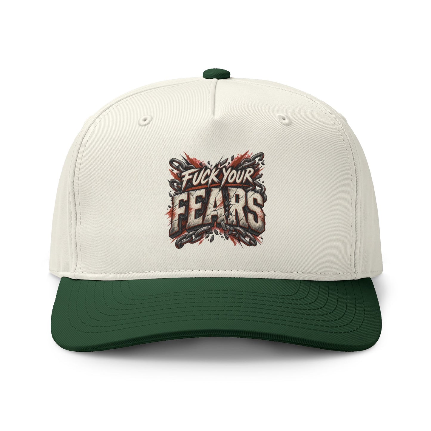 A structured baseball cap with an off-white crown and an olive green curved brim, featuring a graphic print on the front that reads 'Fuck Your Fears' in distressed lettering.