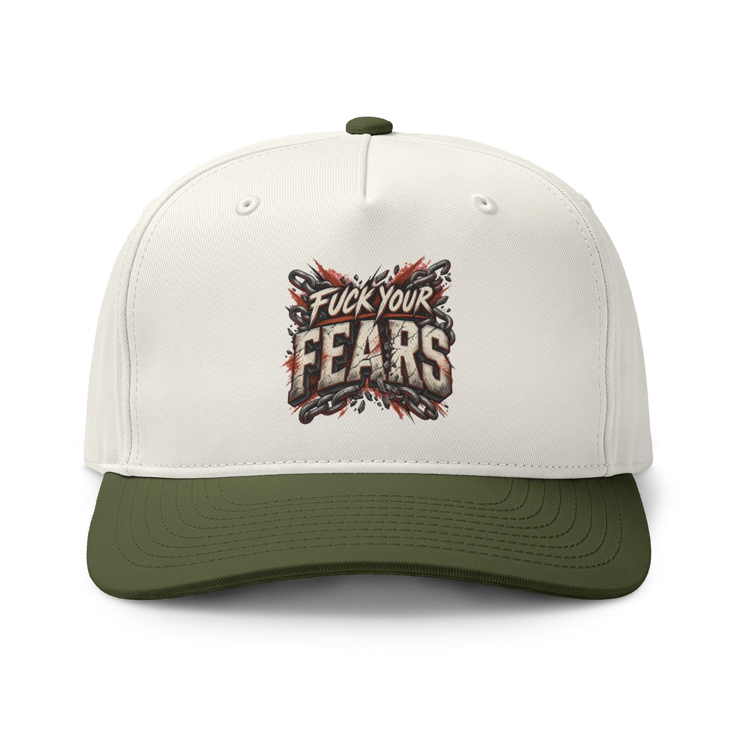 A structured baseball cap with an off-white crown and an olive green curved brim, featuring a graphic print on the front that reads 'Fuck Your Fears' in distressed lettering.