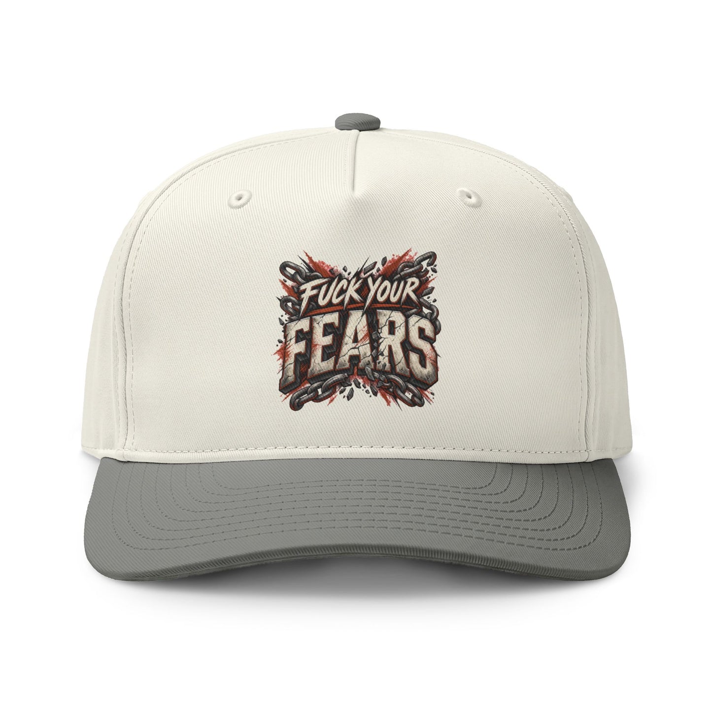 An off-white baseball cap with a dark gray curved brim and a central graphic that reads 'Fuck Your Fears' in distressed red, black, and white lettering.
