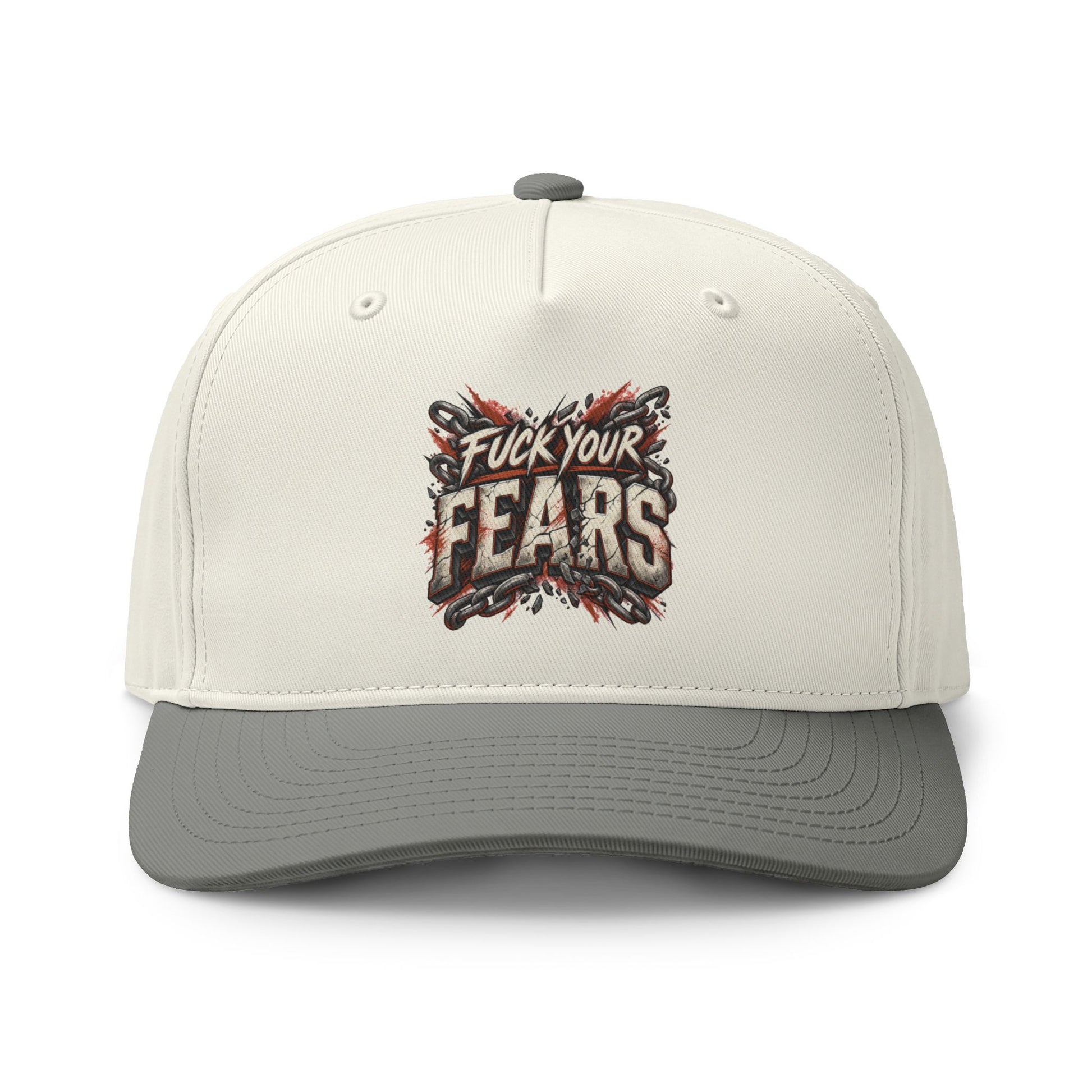 An off-white baseball cap with a dark gray curved brim and a central graphic that reads 'Fuck Your Fears' in distressed red, black, and white lettering.