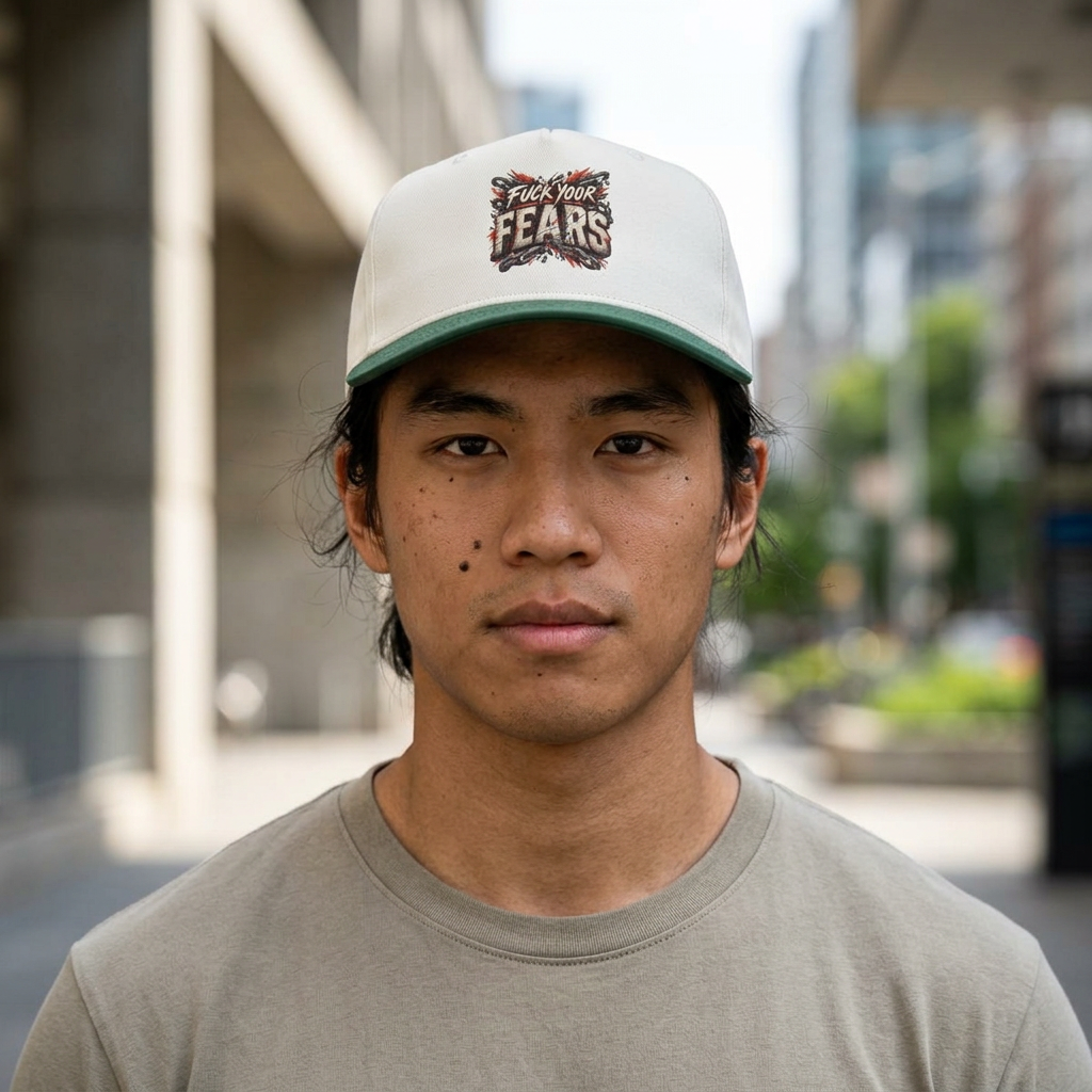A man wearing a white and green trucker-style cap with a 'FUCK YOUR FEARS' graphic logo, photographed in an outdoor urban setting.
