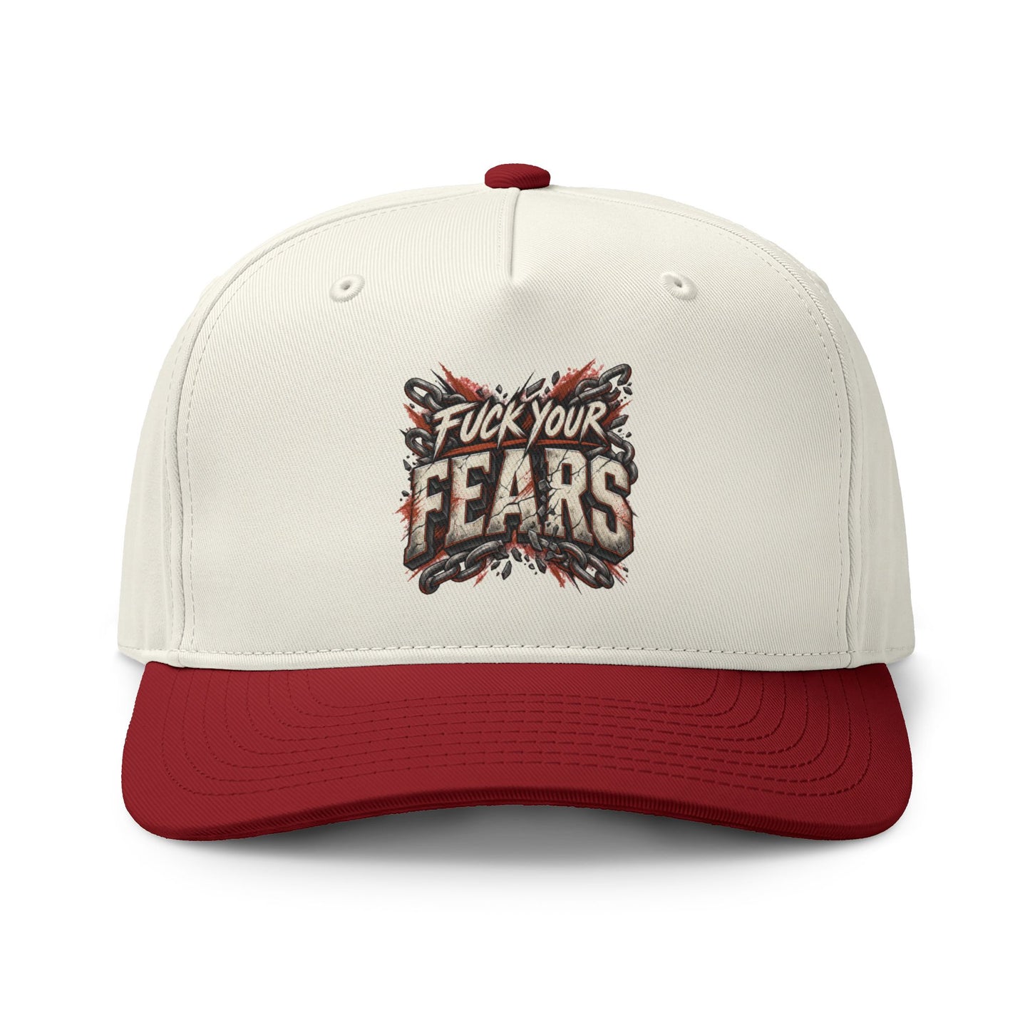 An off-white baseball cap with a red curved brim and a red button on top, featuring a graphic print on the front that reads 'Fuck Your Fears' in distressed lettering.