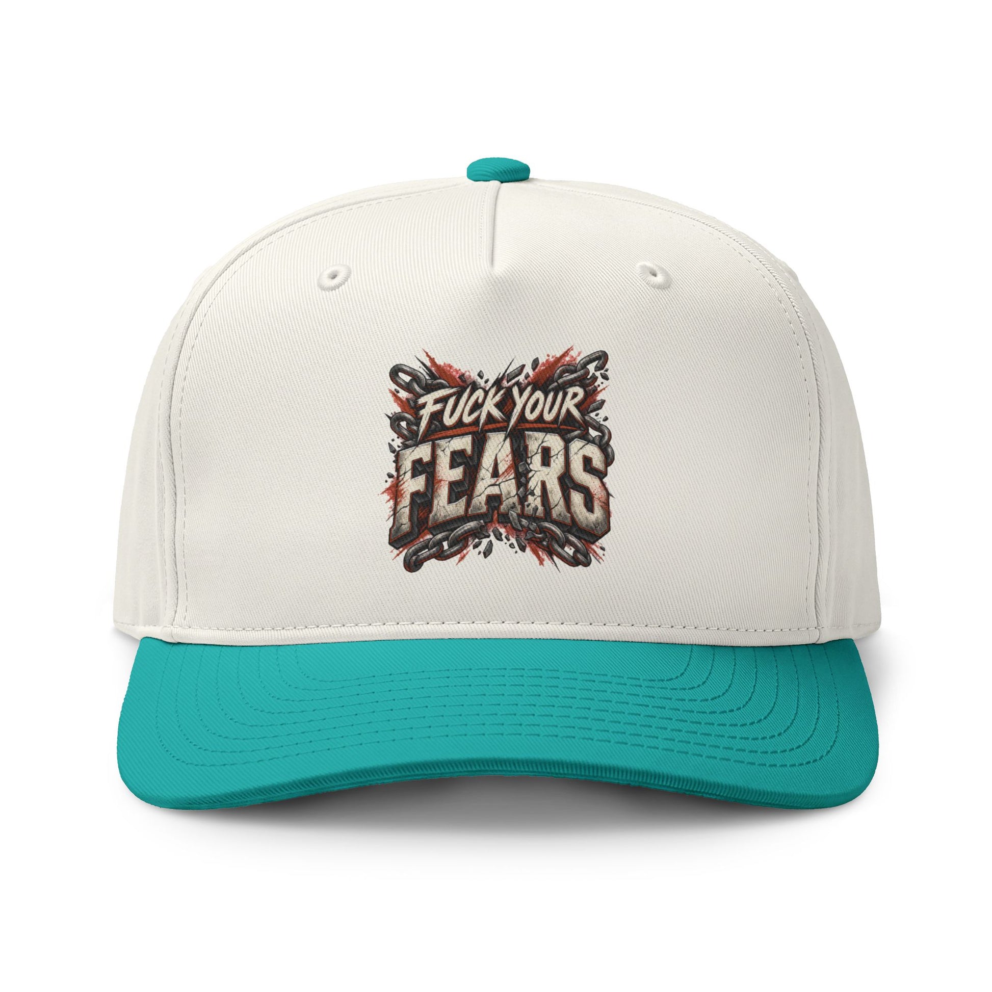 A structured baseball cap with an off-white crown and a teal visor and top button, featuring a distressed graphic on the front that reads 'Fuck Your Fears' in white, black, and red.