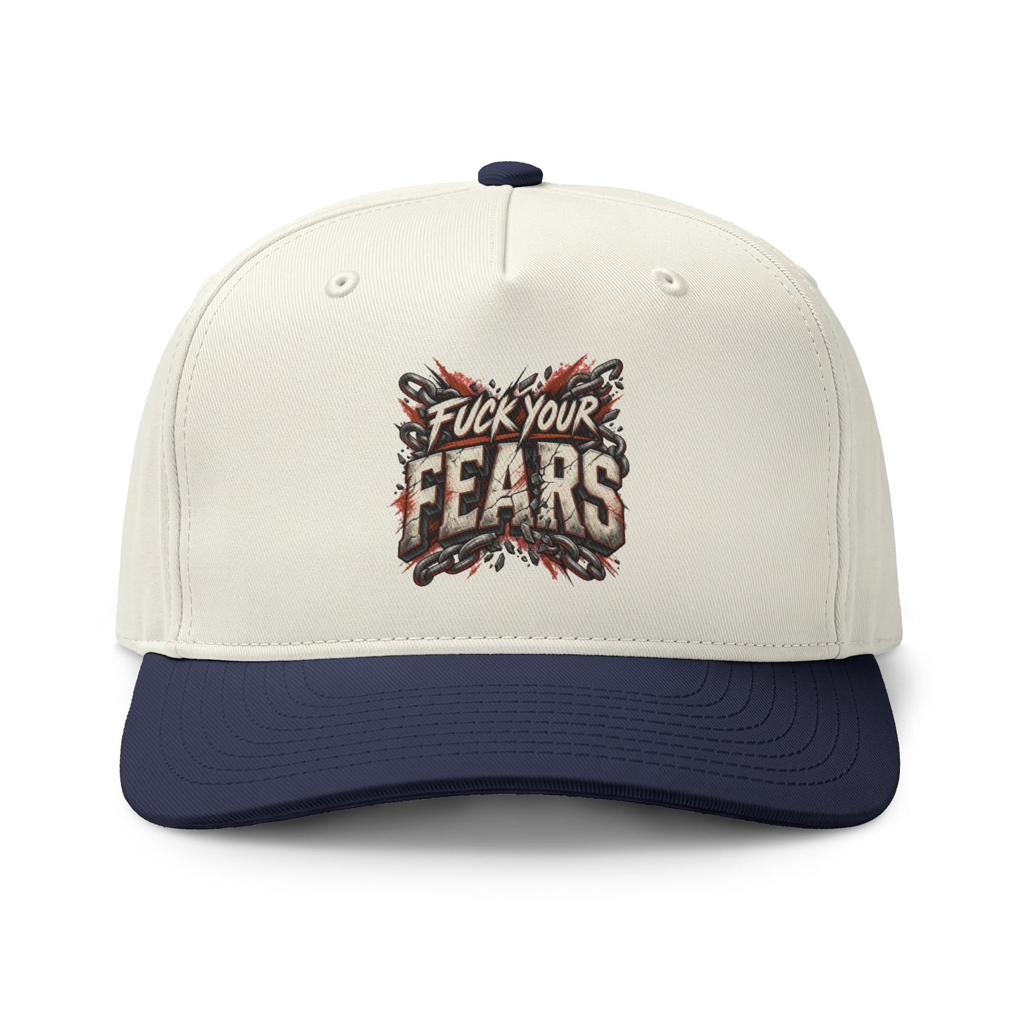 An off-white baseball cap with a navy blue visor and top button, featuring a graphic on the front that reads 'Fuck Your Fears' in distressed lettering with red and black splatter details.