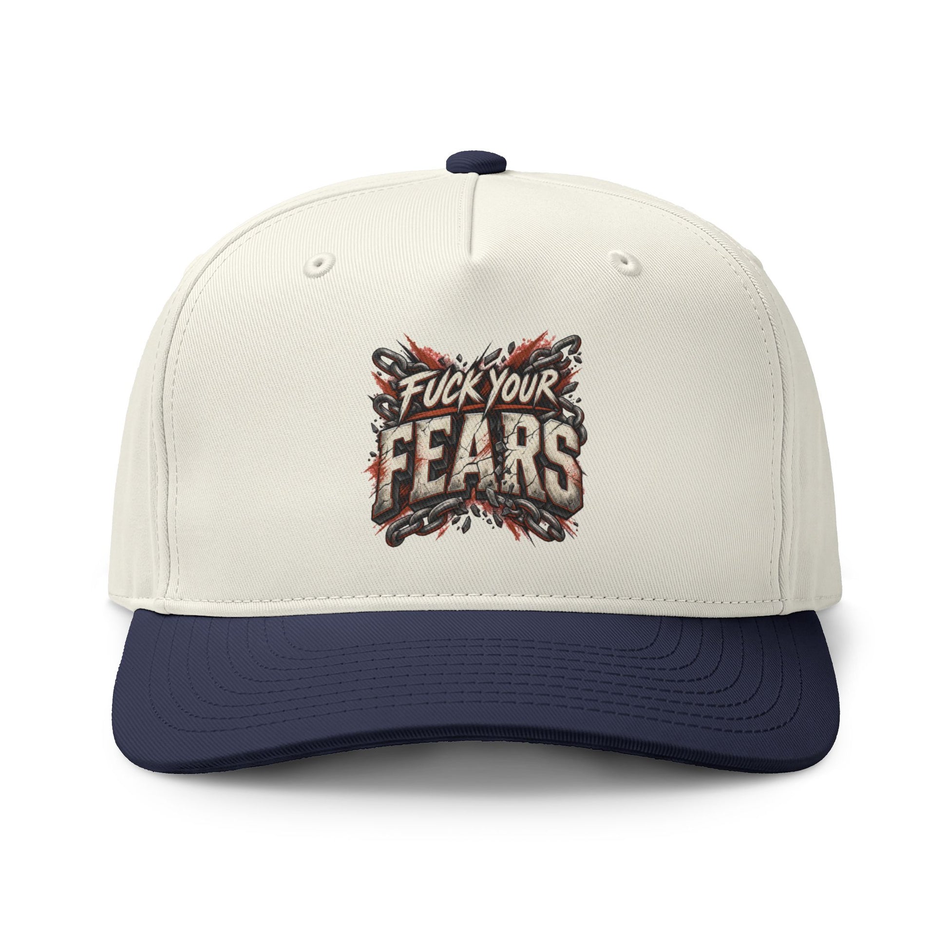 An off-white baseball cap with a navy blue visor and top button, featuring a graphic on the front that reads 'Fuck Your Fears' in distressed lettering with red and black splatter details.
