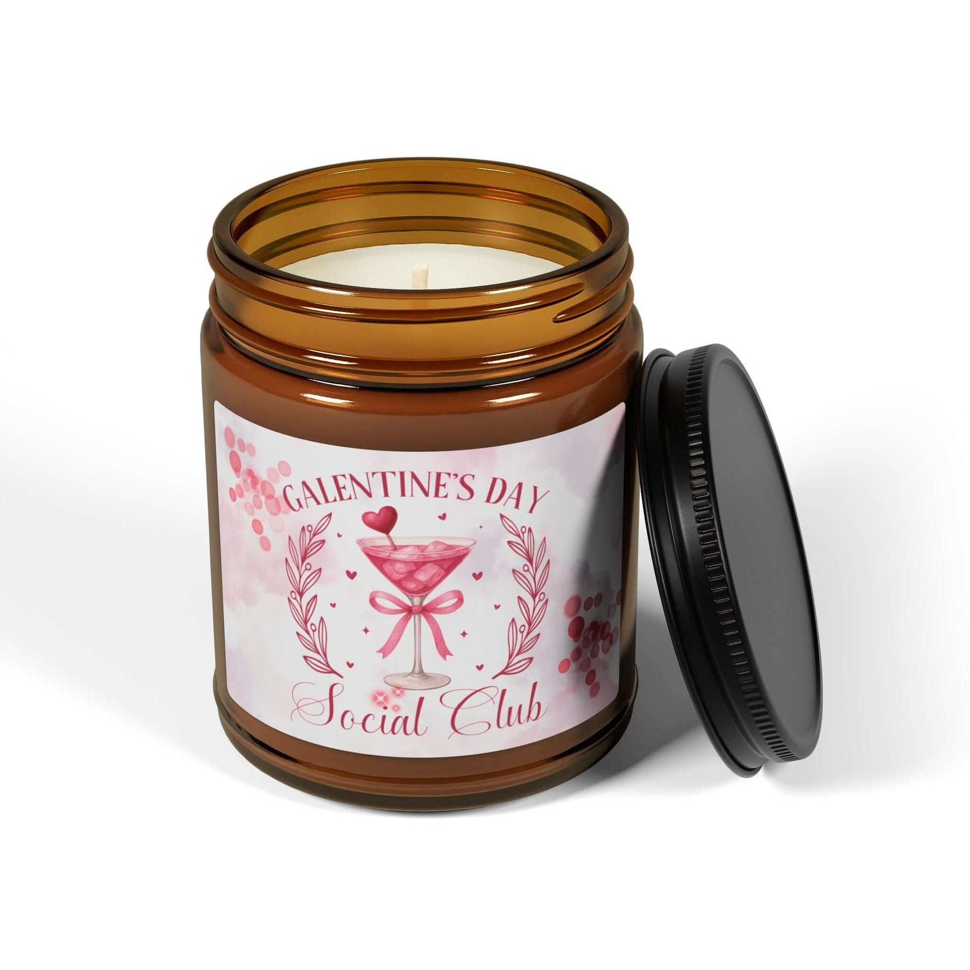 Galentine's Day Soy Candle in amber jar with a pink label featuring a cocktail design and Social Club text.