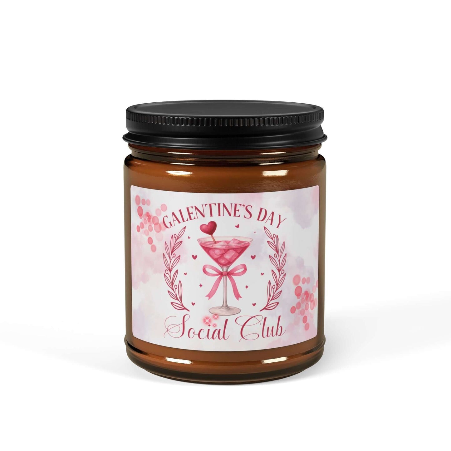 Galentine's Day Soy Candle in amber jar with pink label, perfect for celebrating friendship.