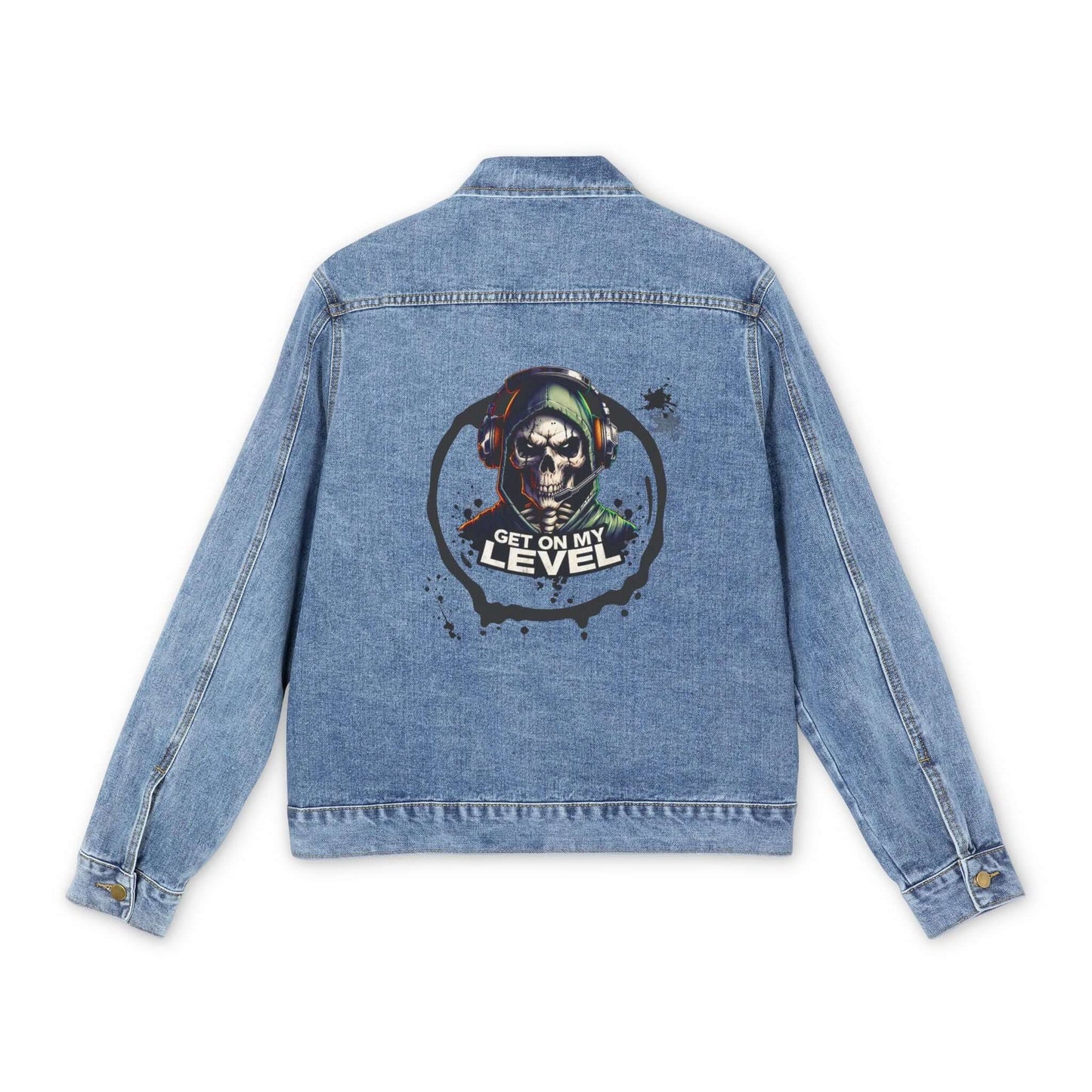 Gamer Graphic Denim Jacket featuring a colorful skull and gaming headset design on the back.