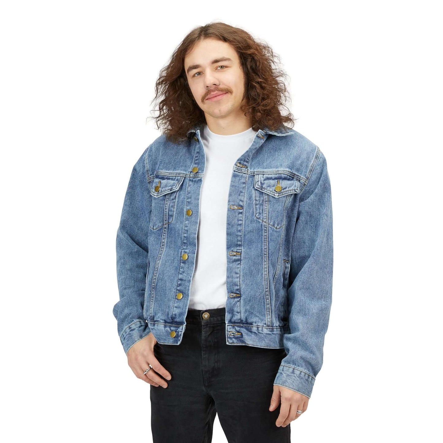 Gamer Graphic Denim Jacket worn by a man with curly hair, showcasing its relaxed fit and stylish design.