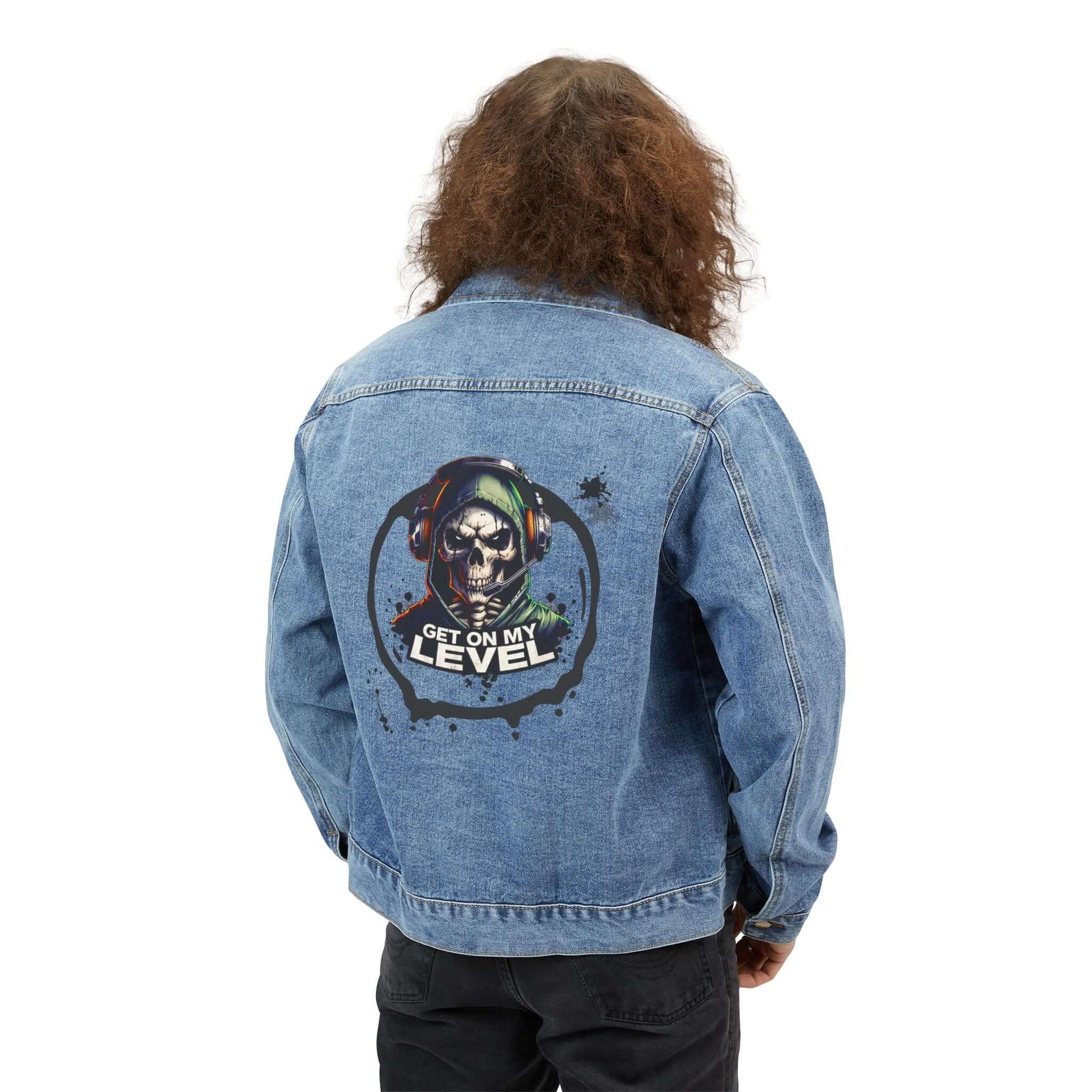 Gamer Graphic Denim Jacket with a bold design on the back featuring the phrase 'Get On My Level'.