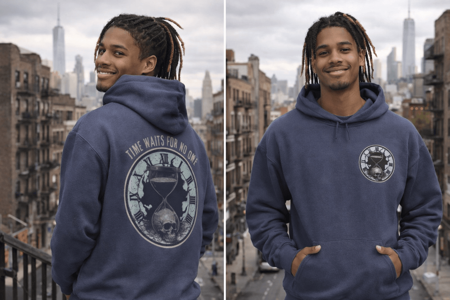 Man wearing a blue hoodie with a graphic design in an urban setting