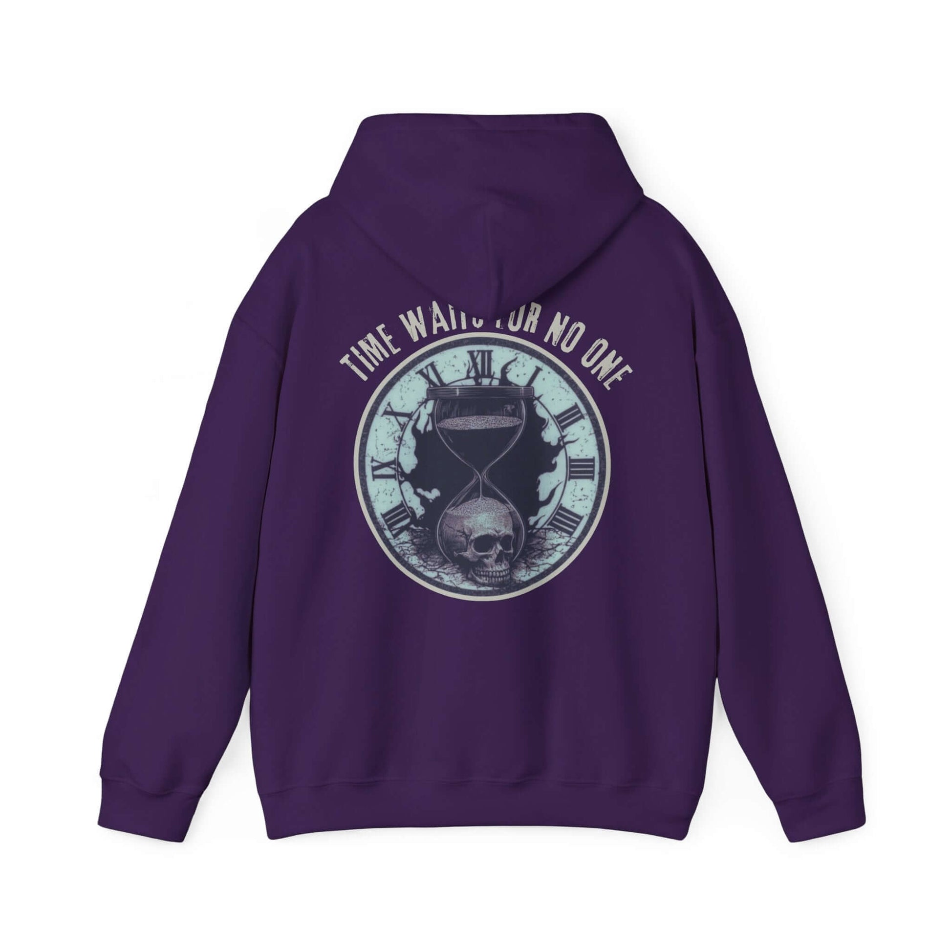 Gothic Skull Graphic Hoodie featuring a clock design with skull and hourglass on the back, dark purple fabric.