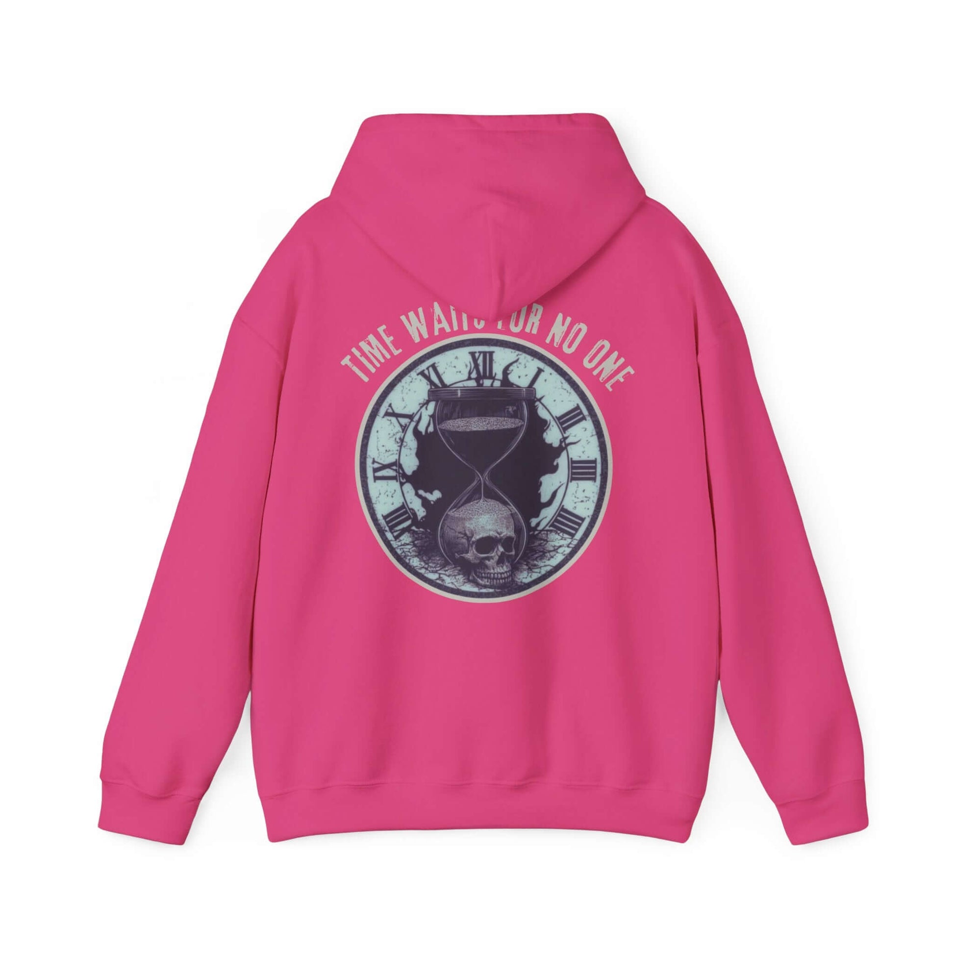 Gothic Skull Graphic Hoodie with a pink color featuring a back design of an hourglass and skull.