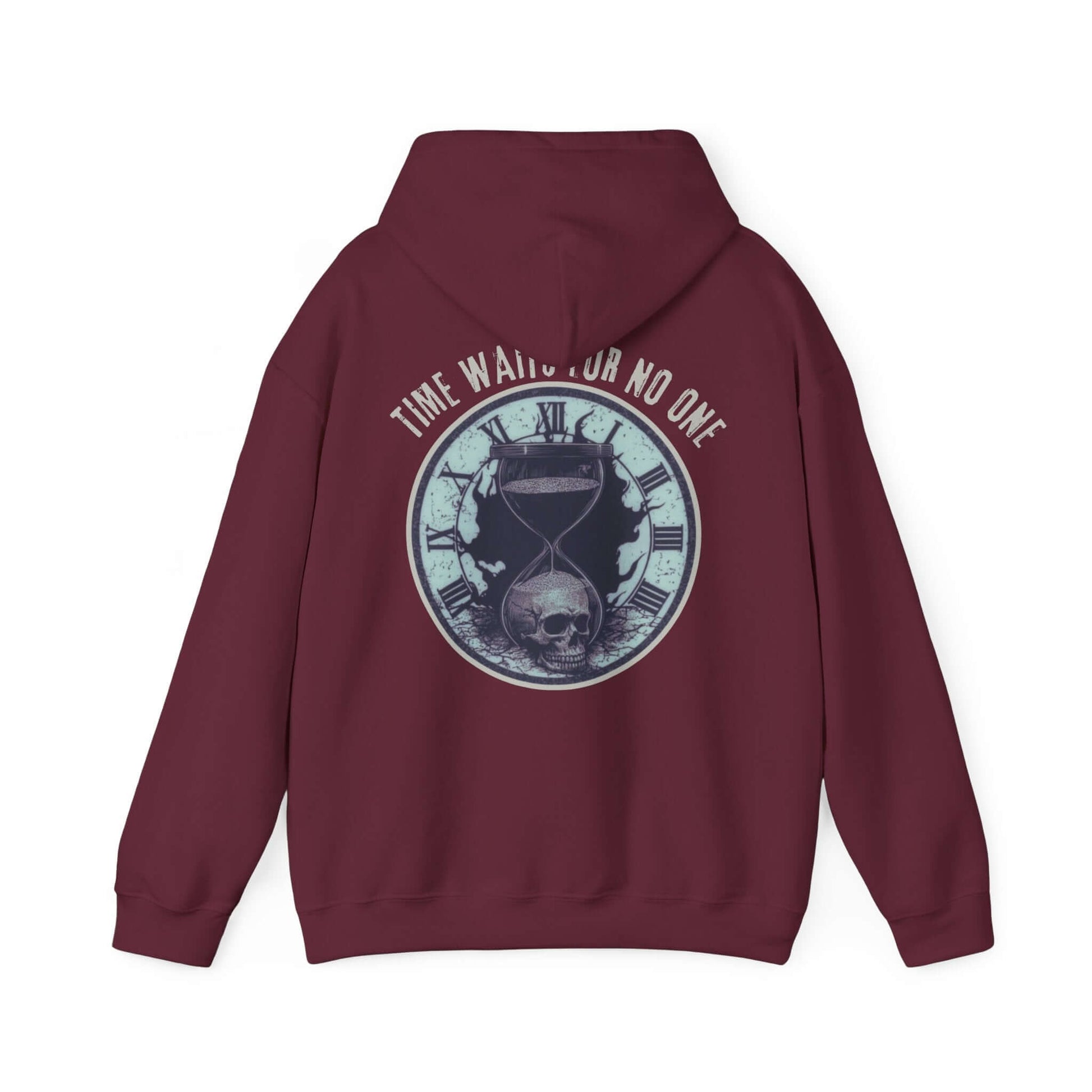Gothic Skull Graphic Hoodie with back design featuring hourglass and skull, maroon color.