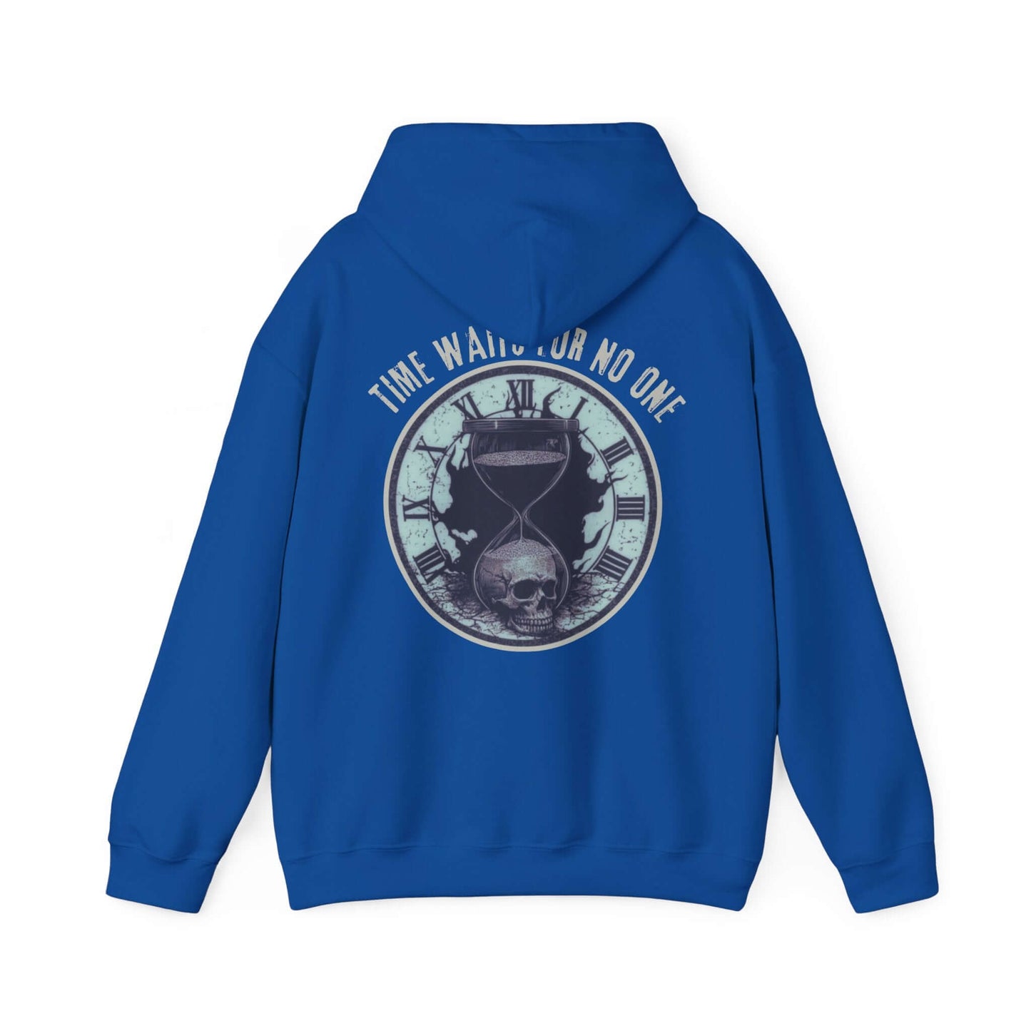 Gothic Skull Graphic Hoodie with hourglass and skull design on back in blue color.