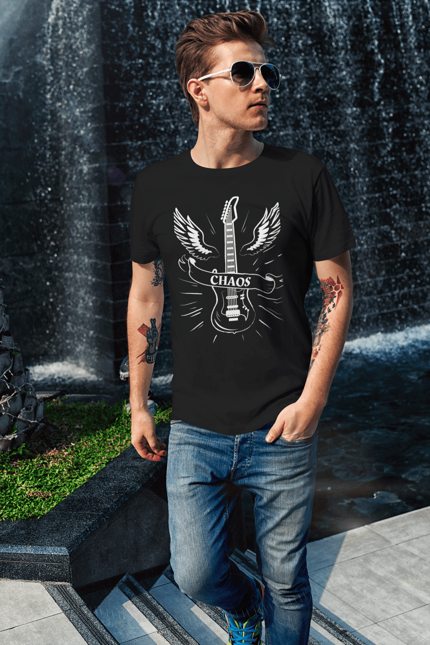 Guitar Chaos T-Shirt - Classic Guitar with Wings - Rock 'n' Roll Fashion, Brand63