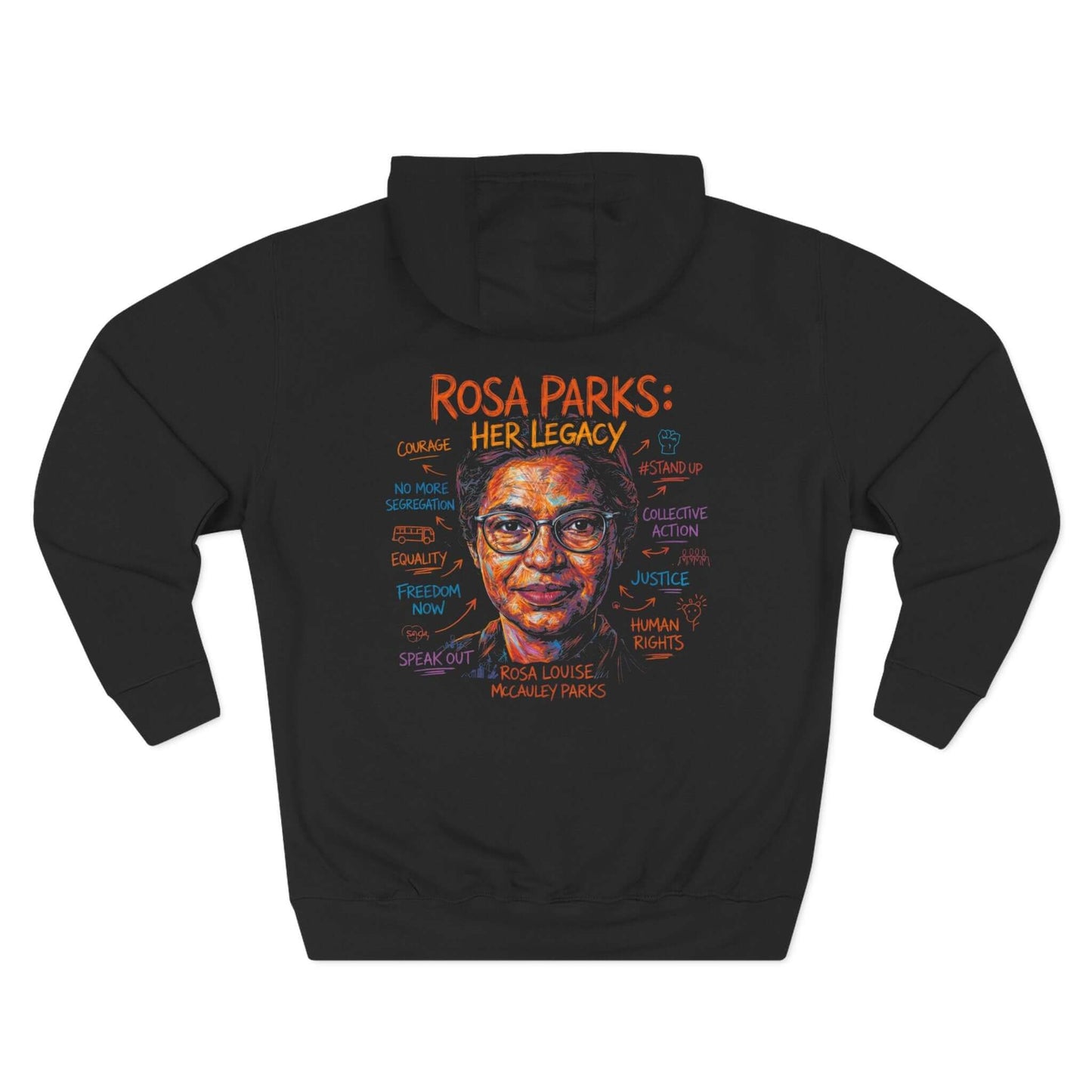 HER LEGACY hoodie featuring a colorful design honoring Rosa Parks with inspirational words.