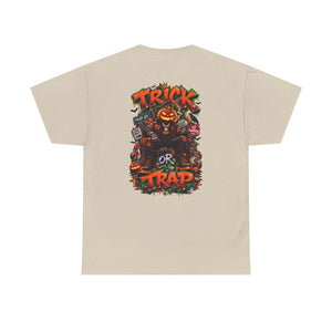 Halloween Trick or Trap Urban Streetwear T-Shirt featuring bold artwork of a pumpkin and spooky text.