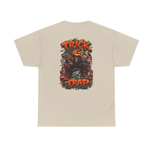 Halloween Trick or Trap Urban Streetwear T-Shirt featuring bold artwork of a pumpkin and spooky text.