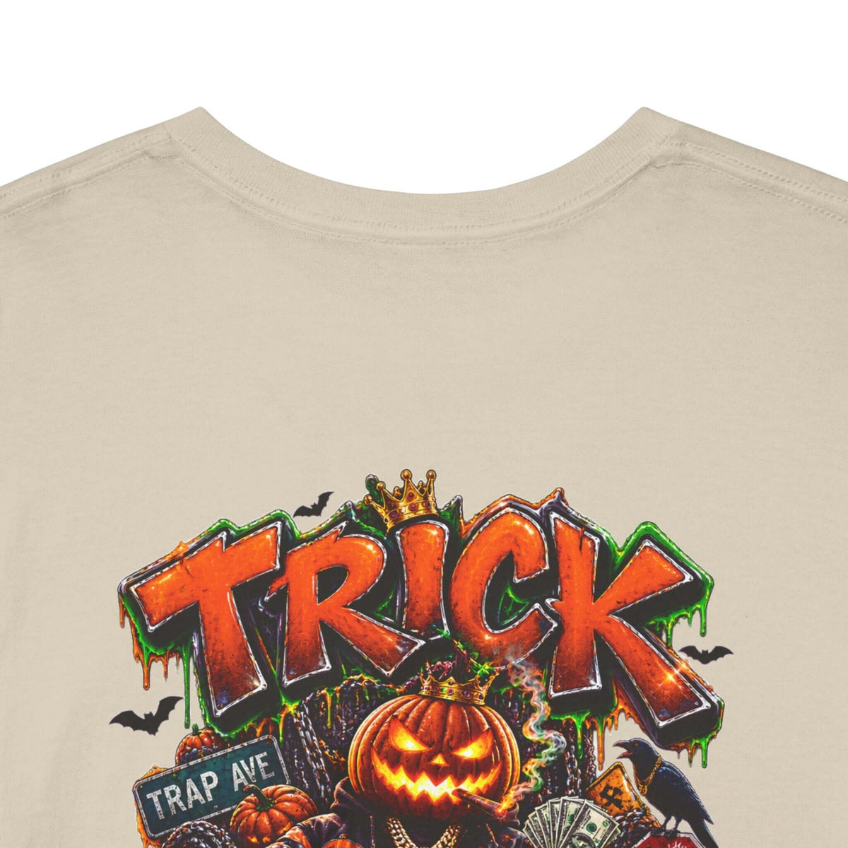Halloween Trick or Trap Urban Streetwear T-Shirt design featuring vibrant 'TRICK' graphic and Halloween elements.