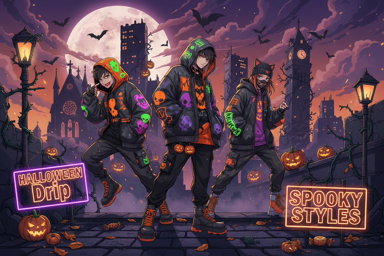 Three anime-style characters in Halloween-themed streetwear pose on a cobblestone street at night under a full moon, with bats, haunted buildings, pumpkins, and glowing signs reading 'Halloween Drip' and 'Spooky Styles'.