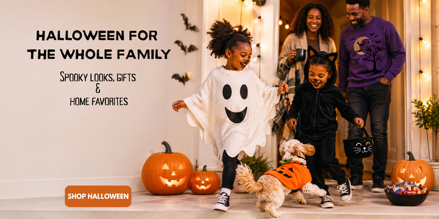 A family of four and a small dog dressed in Halloween costumes stand in a decorated home entryway with pumpkins, string lights, and a 'Halloween for the Whole Family' promotional banner on the left.