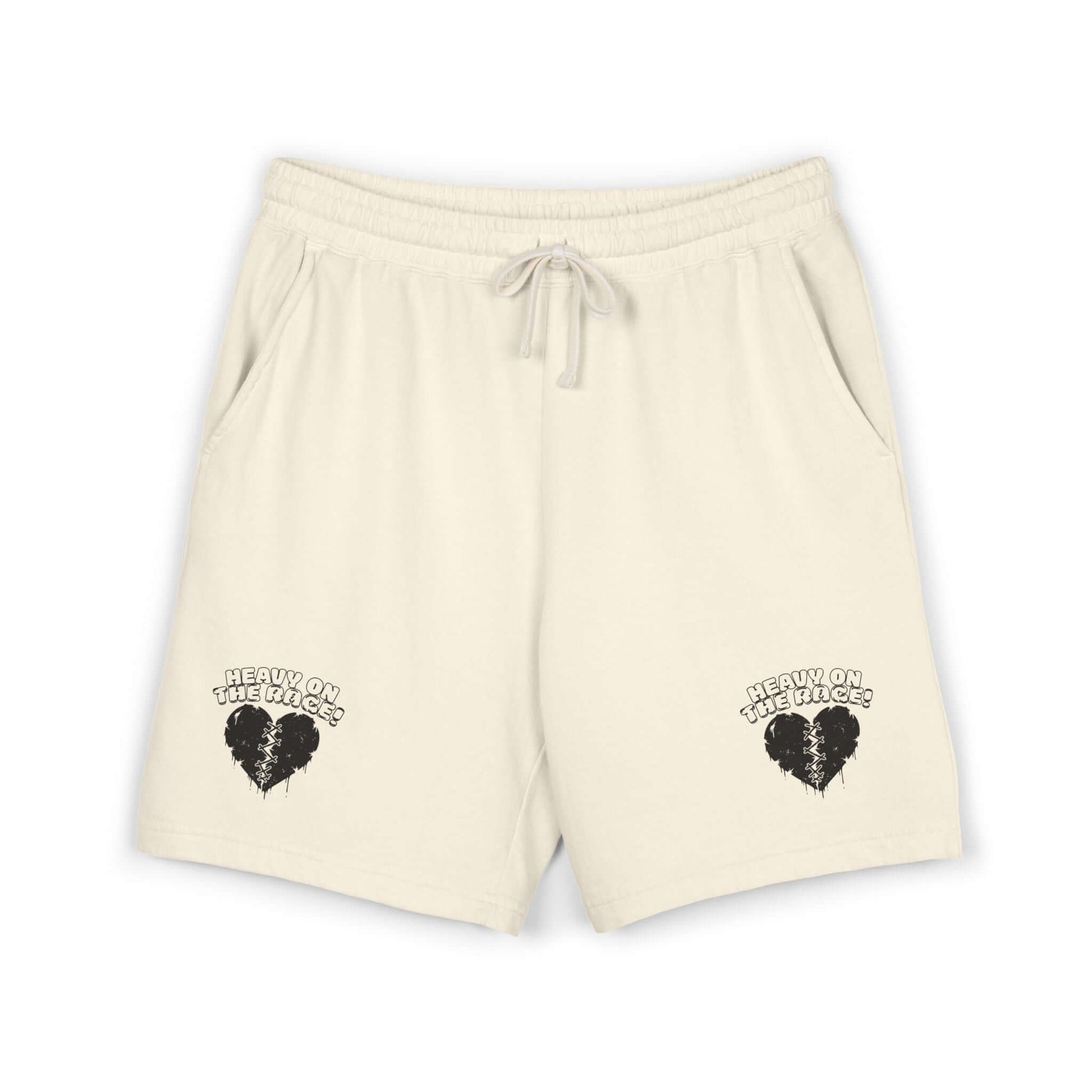 Heavy on the Rage comfortable athletic shorts in light beige with graphic designs and side pockets.