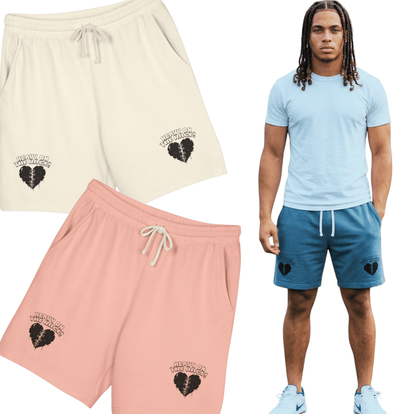 Two pairs of Heavy on the Rage athletic fleece shorts in beige and pink, featuring jersey-lined pockets, designed for comfortable athletic shorts.