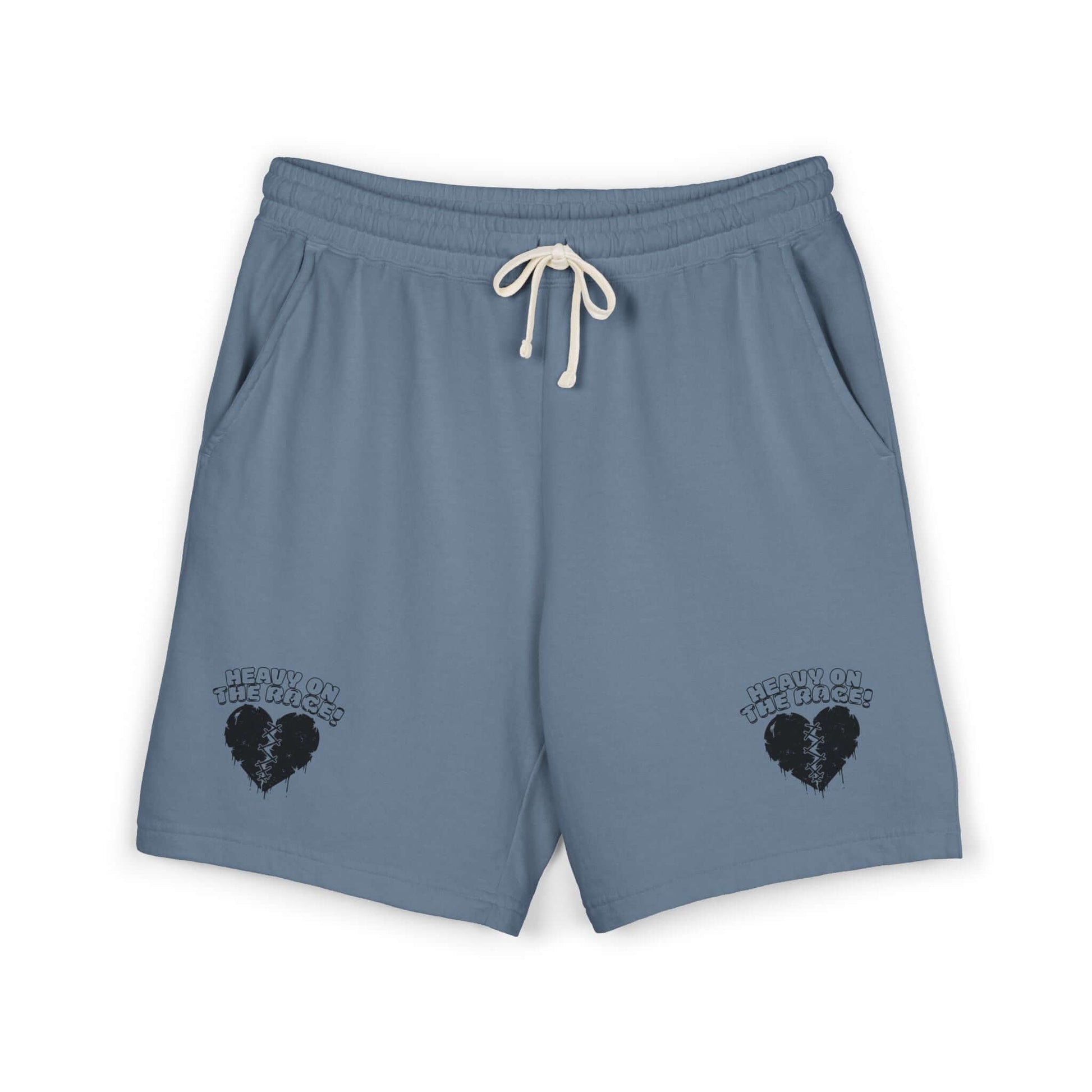 Heavy on the Rage athletic fleece shorts in blue, ideal for motion and comfort, featuring jersey-lined side pockets. Comfortable athletic shorts.