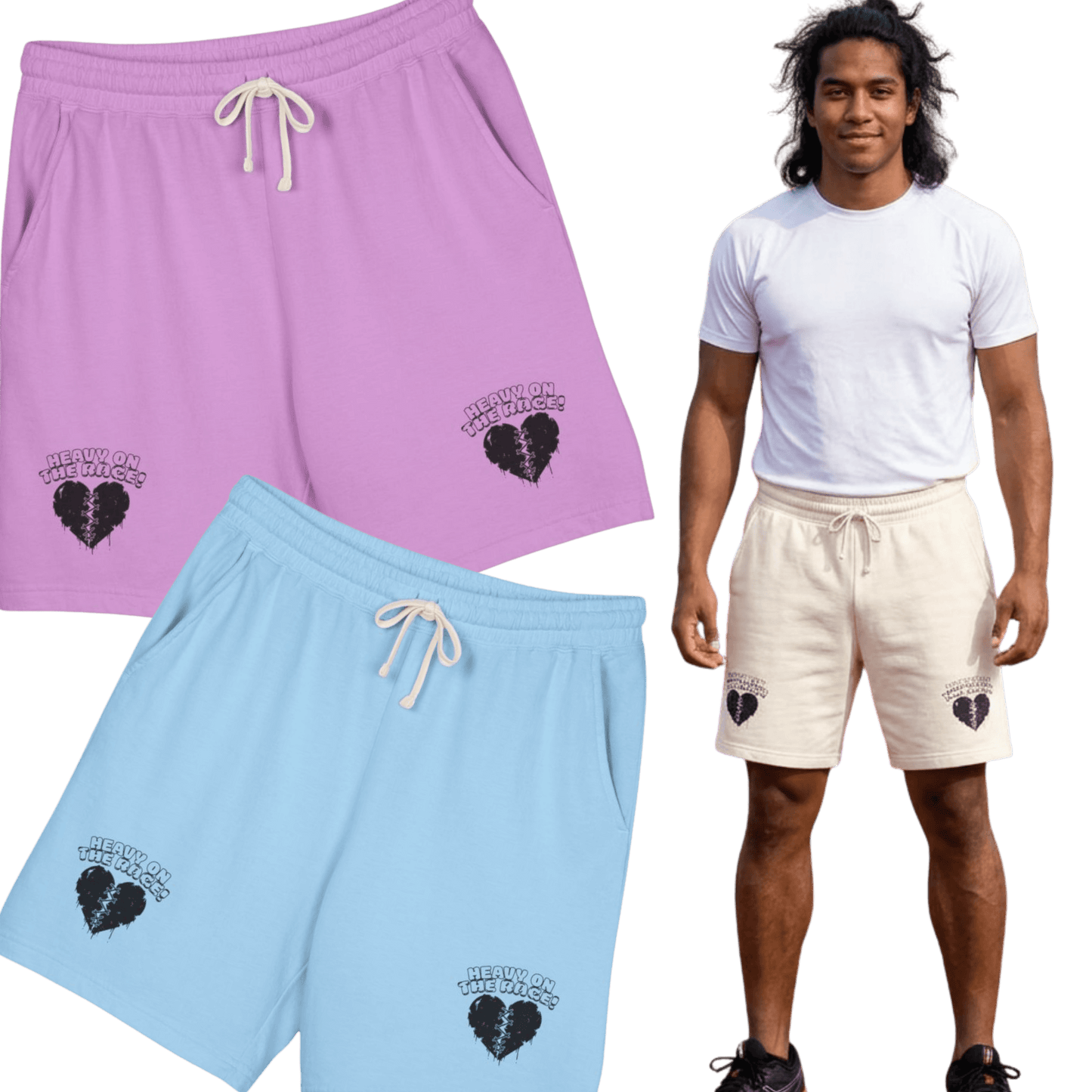 A model wearing Heavy on the Rage comfortable athletic shorts in cream, showcasing purple and blue pairs with heart designs.