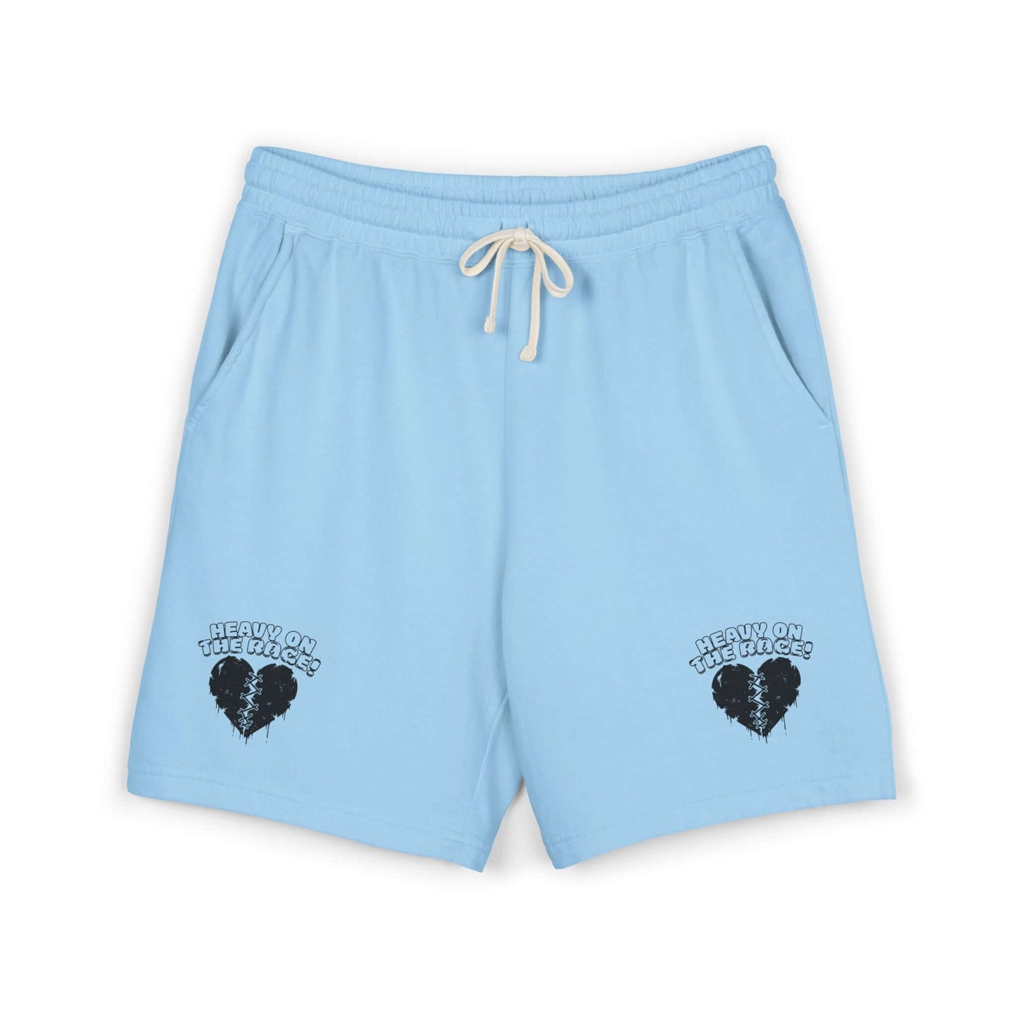 Light blue Heavy on the Rage athletic fleece shorts featuring jersey-lined pockets, perfect for comfortable athletic shorts.