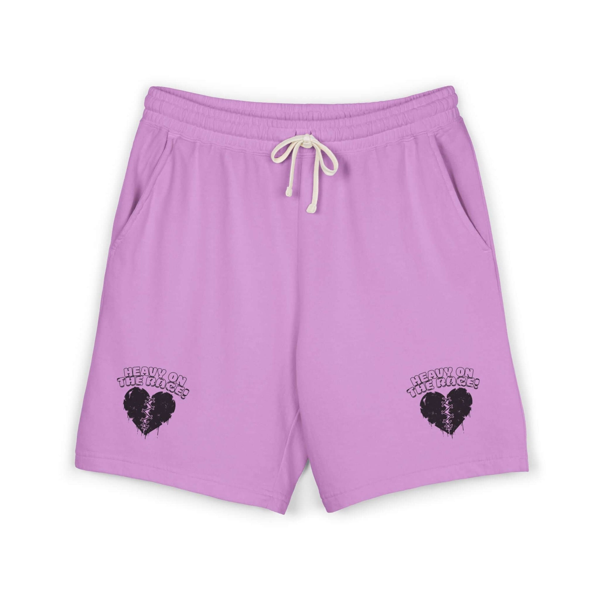 Heavy on the Rage athletic fleece shorts in lavender, featuring comfortable athletic shorts design with jersey-lined pockets.