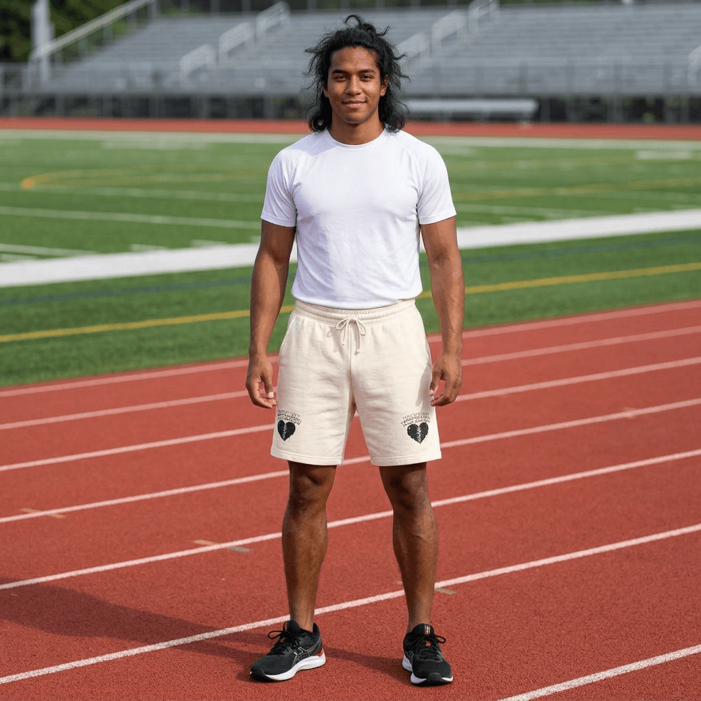 Young man in comfortable athletic shorts standing on a running track, showcasing lightweight fleece design.
