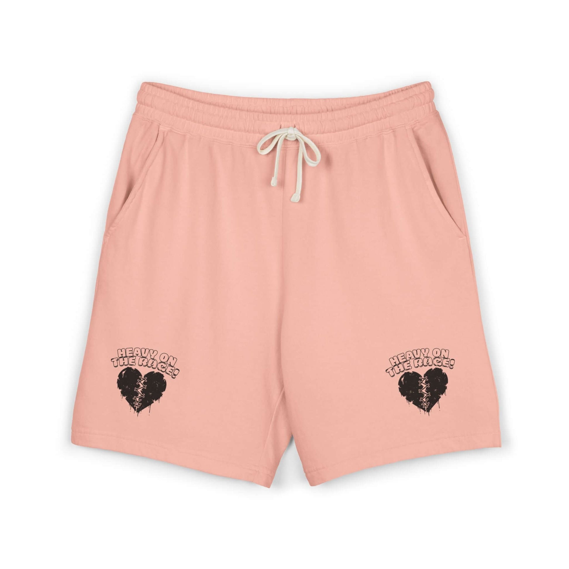 Heavy on the Rage athletic fleece shorts in peach color, featuring comfortable athletic shorts design with side pockets.