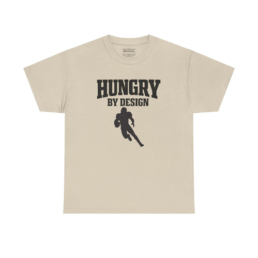Hungry By Design Football Tee featuring a silhouette of a runner on a beige shirt for gritty performance mindset.
