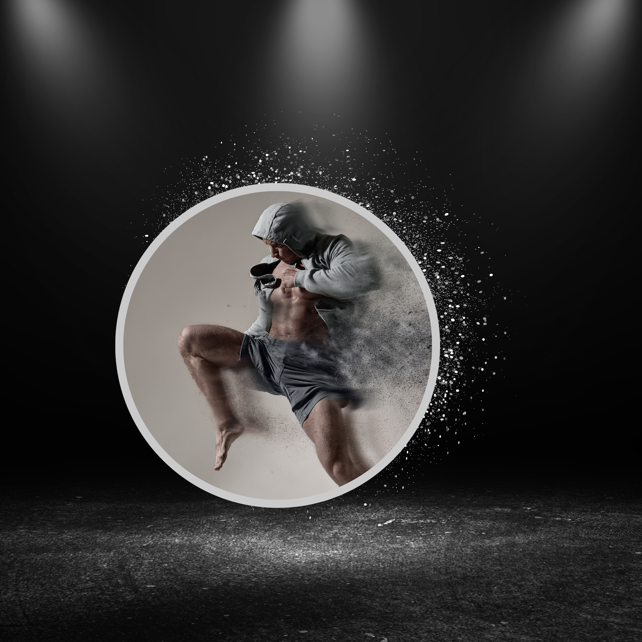 Person in athletic wear with a circular spotlight effect on a dark background