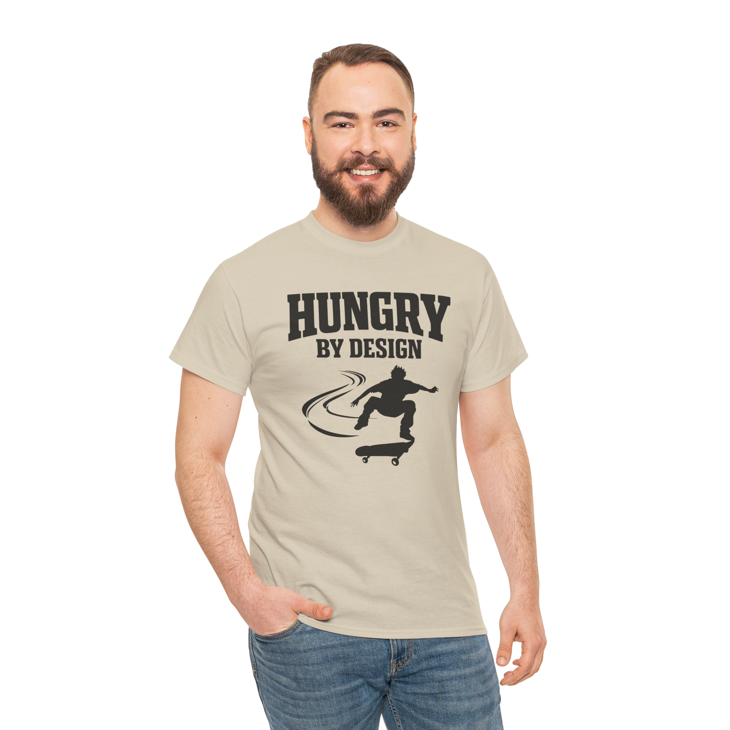 Man wearing a beige t-shirt with 'Hungry by Design' graphic on a white background