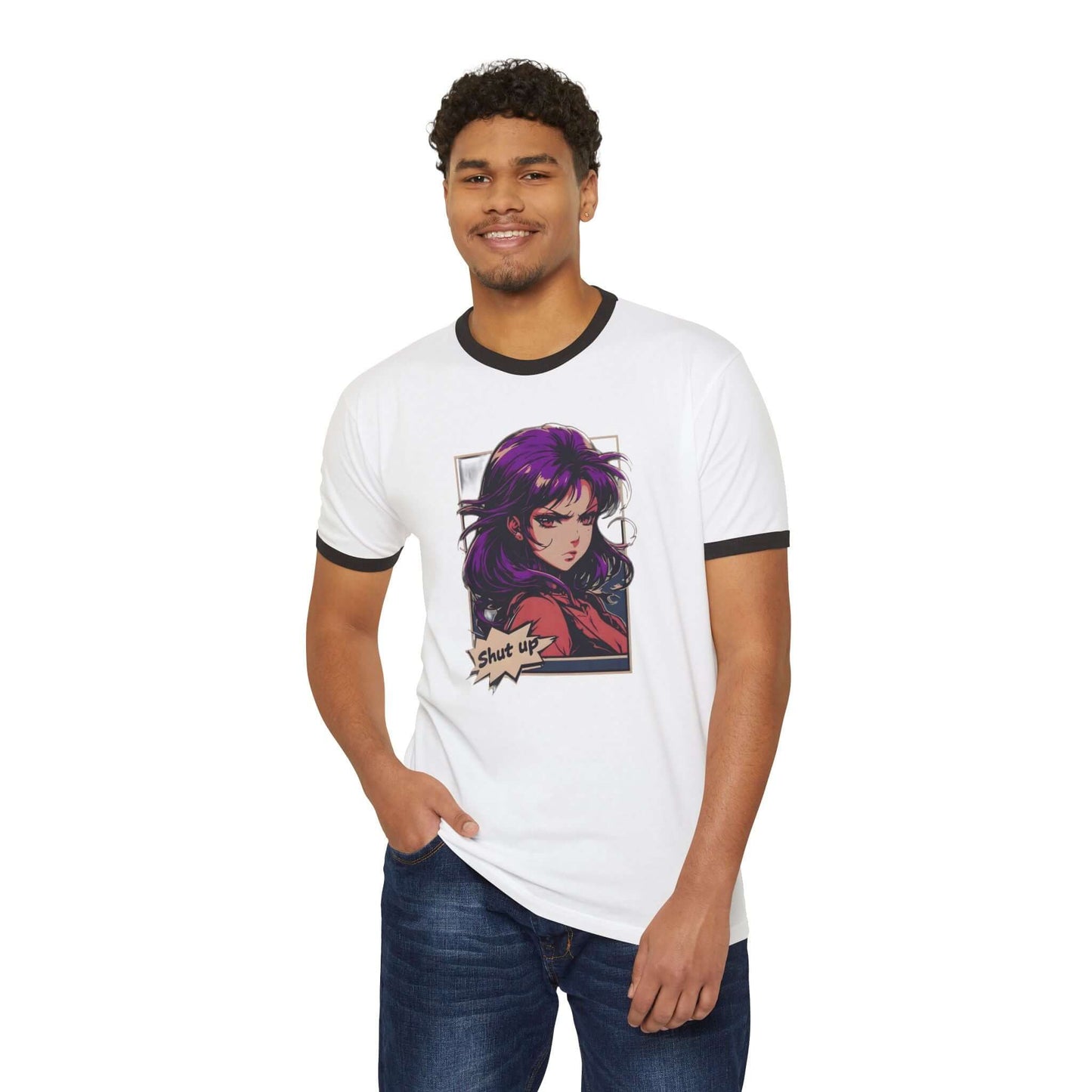 Japanese Anime Manga "Shut Up" Cotton Ringer T-Shirt, Brand63
